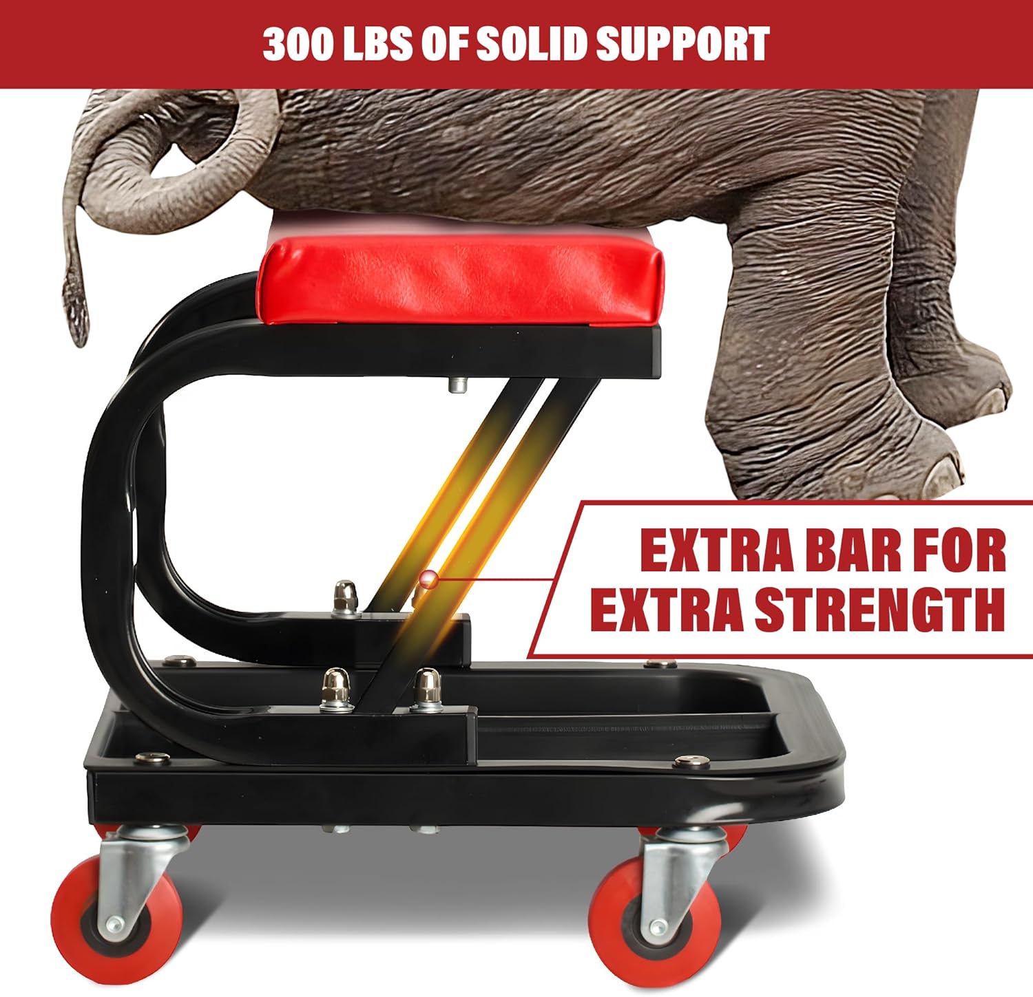 BullsArmor Rolling Mechanic Seat - Heavy-Duty Garage Shop Seat - 300 LBS Capacity - Padded Mechanic Stool with Tool Tray Storage - Durable Tubular Steel Frame - Red