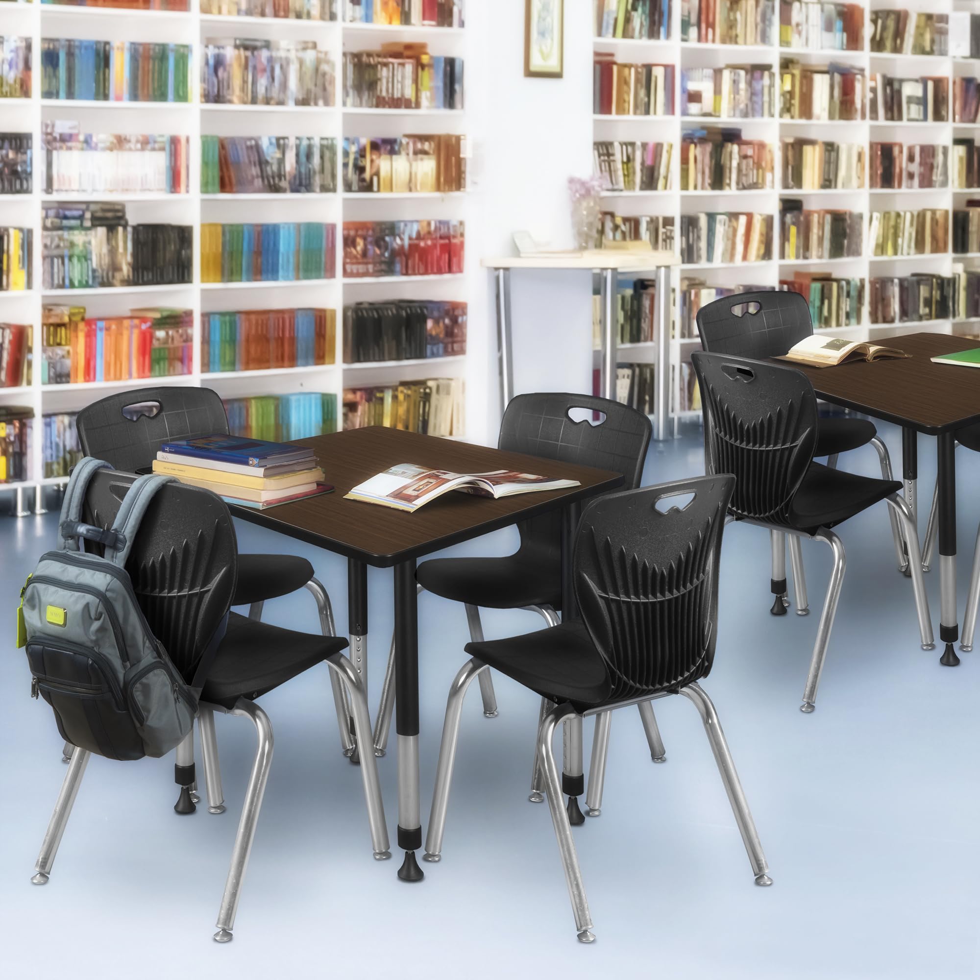 Regency Kee 42 in. Square Adjustable Classroom Table- Neo Walnut Top, Black Base & 4 Andy 18 in. Black Stack Chairs