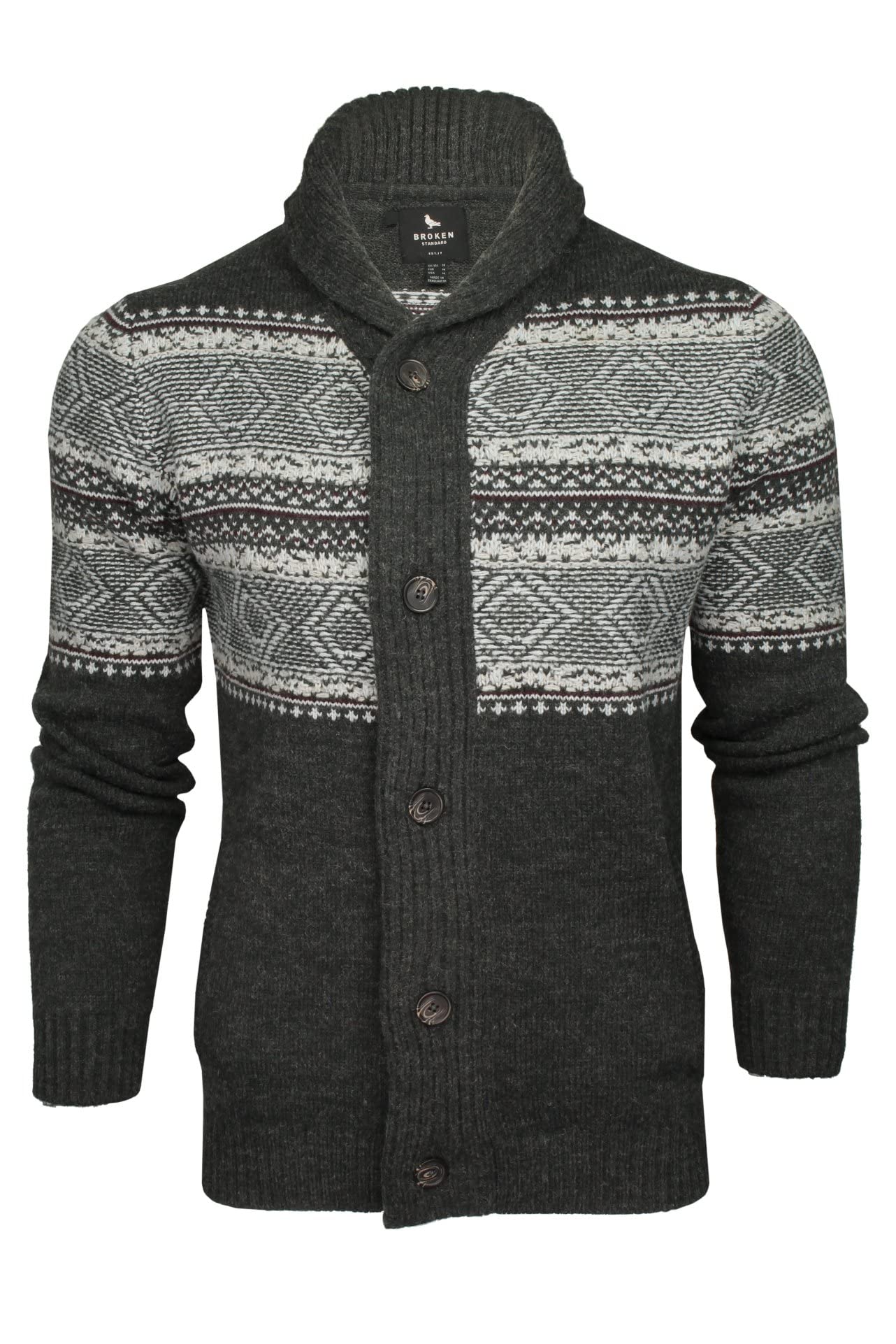 Broken Standard Mens Fairisle Shawl Neck Cardigan (Dark Grey) M