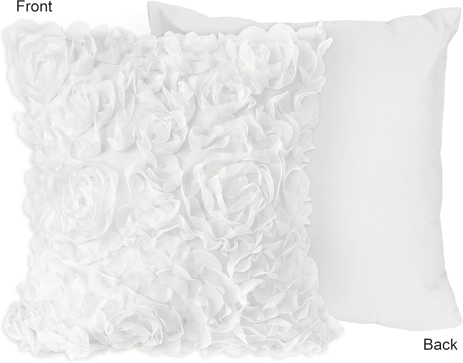 Sweet Jojo Designs White Floral Rose Decorative Accent Throw Pillows - Set of 2 - Solid Flower Luxurious Elegant Princess Vintage Boho Shabby Chic Luxury Glam High End Roses