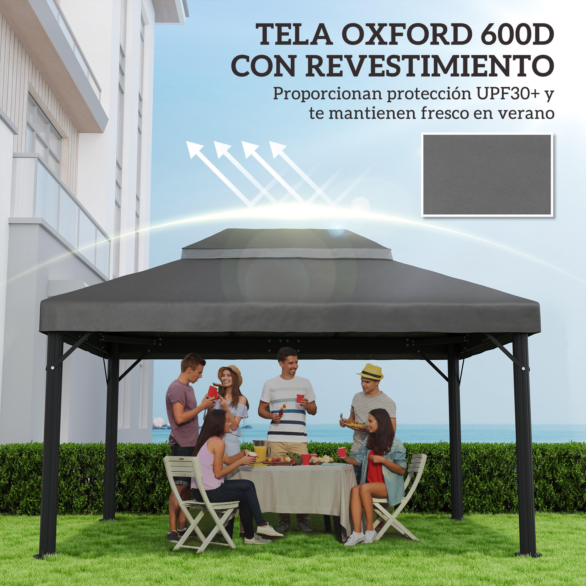 Outsunny Techo de Repuesto para Cenador, 4x3 m, Cubierta de Repuesto con Techo Doble, Orificios de Drenaje y UPF30+, Tela Oxford 600D Impermeable, Solo Toldo de Recambio para Pabellón Gazebo, Gris