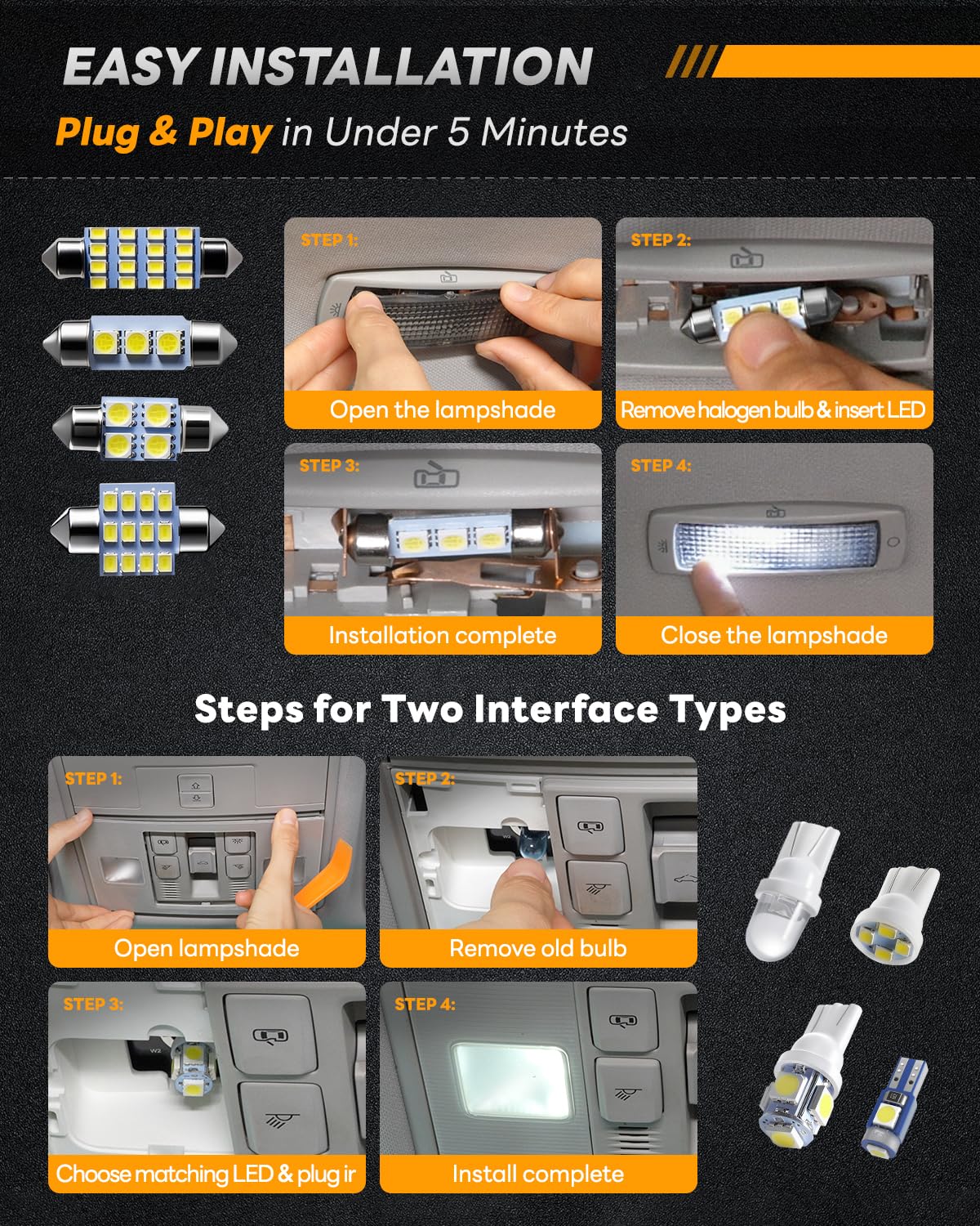 48Pcs Led Interior Car Lights Kit, Premium Bright White Led Bulb (194 T10 T5 De3175 578 31mm 42mm) | Dome Map Dash Door License Plate Tail Light Bulbs, Interior Lights for Cars, Trucks, Rv, Boat