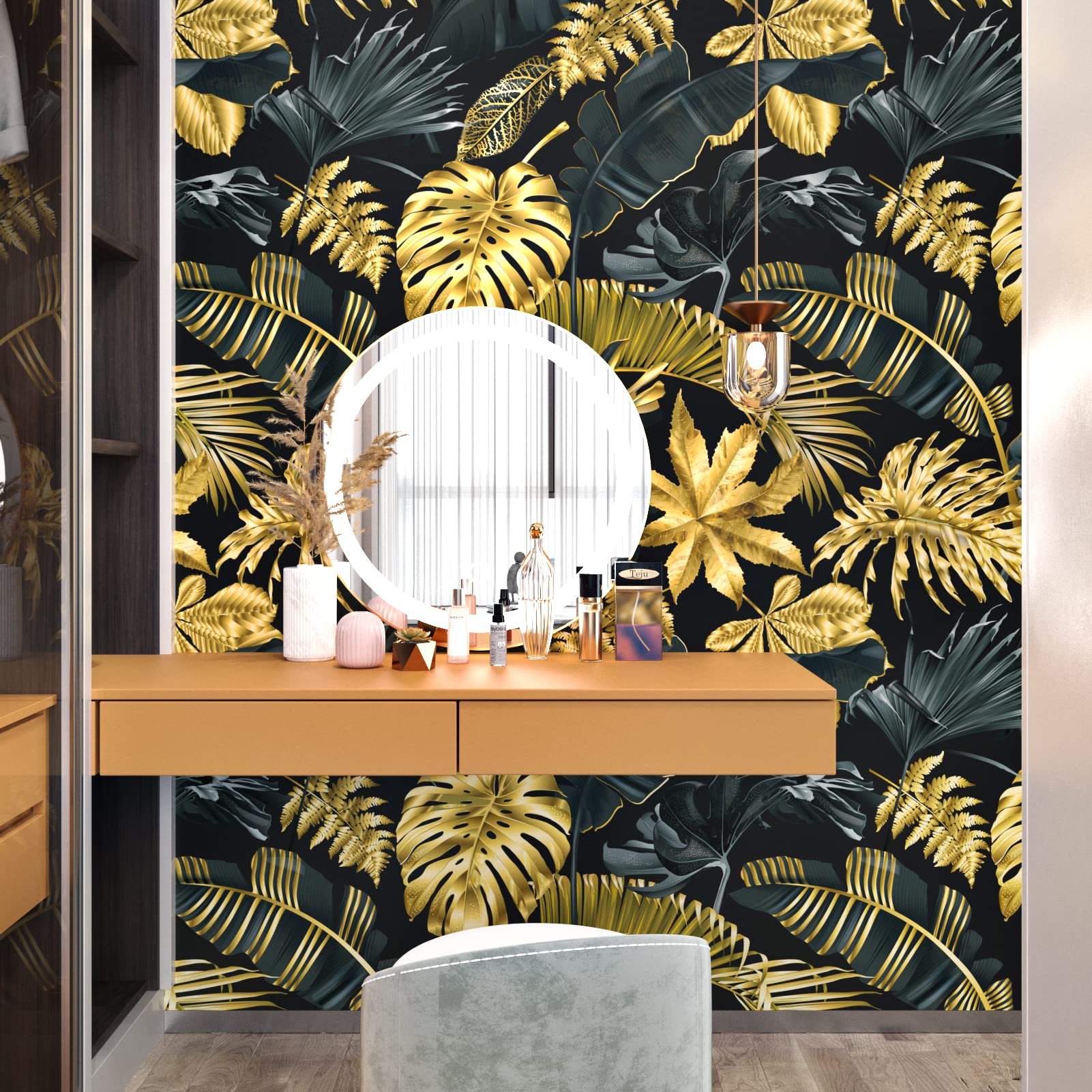 Carta da Parati Jungle Moderna Carta Adesiva per Mobili Decorazioni Parete Carta da Parati Adesiva Foglie Nere/Dorate per Camera Letto Cucina Rotolo Adesivi Decorativi per Mobili 60 X 1000cm