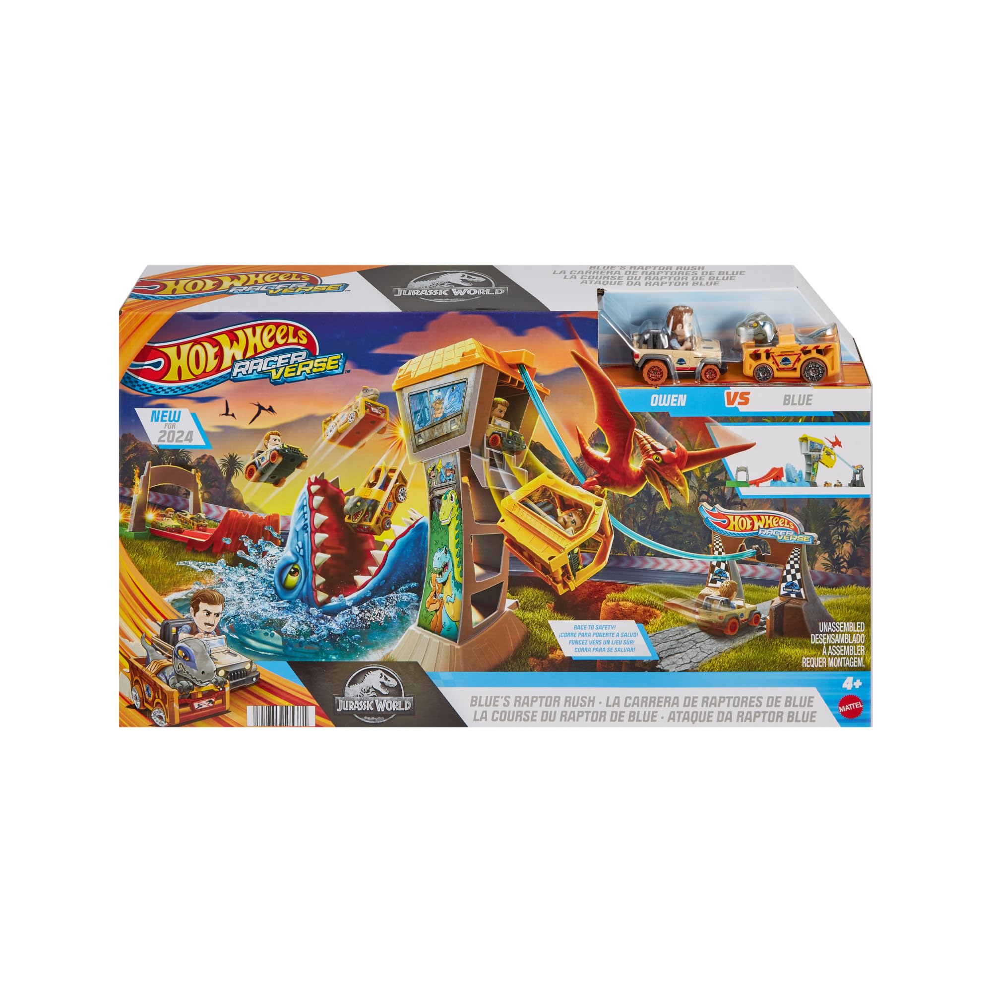 Hot Wheels RacerVerse - Pista Corsa del Velociraptor Blue, playset Isola di Jurassic World con 2 macchinine da corsa e i piloti Blue il velociraptor e Owen, giocattolo per bambini, 4+ anni, HTP12