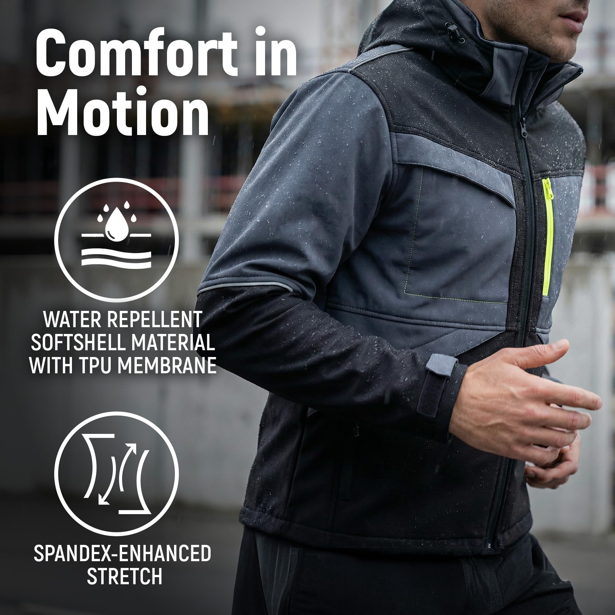 Stenso Prisma Veste de Travail Homme Softshell Étanche avec Capuche Amovible - Veste Randonnée Homme Stretch avec Poche Poitrine Cachée, Poches Latérales Scratch, Fermeture Poignets