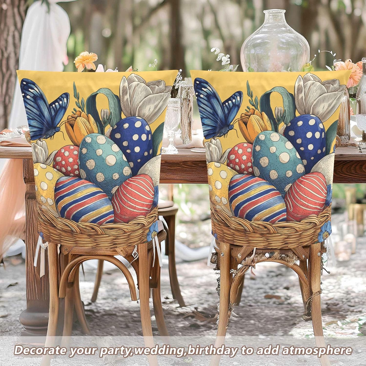 ALAZA Vintage Easter Eggs Flowers Butterfly Chair Back Cover Set of 6, Washable Reusable Removable Chair Slipcovers Decorative Chair Cover for Home Kitchen Wedding Party