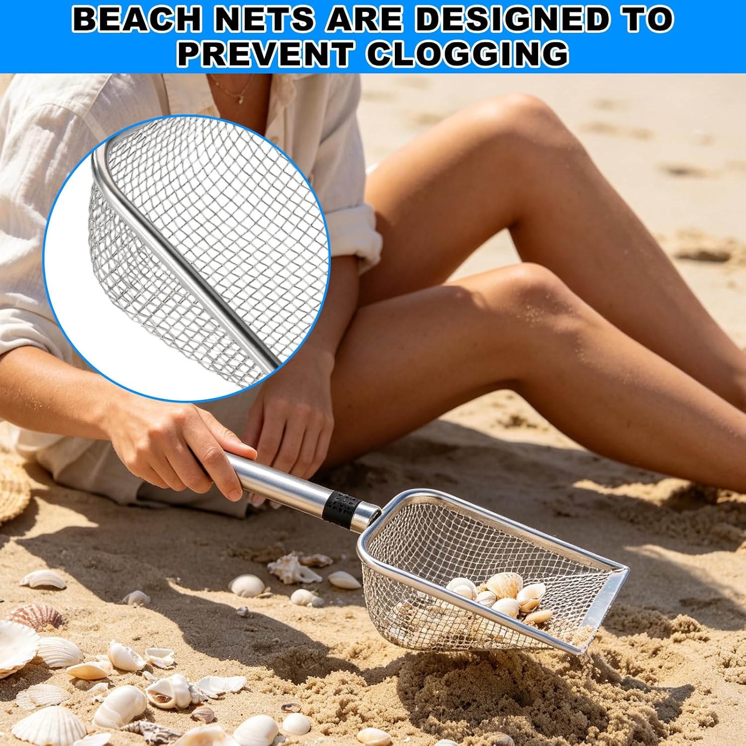 lasuroa 2pcs Beach Mesh Shovels, Stainless Steel Sand Shovels Beach Shell Scooper Summer Toys Accessories for Boys Girls Stainless Steel Sand Sifter for Picking up Shells (2.8+5mm)