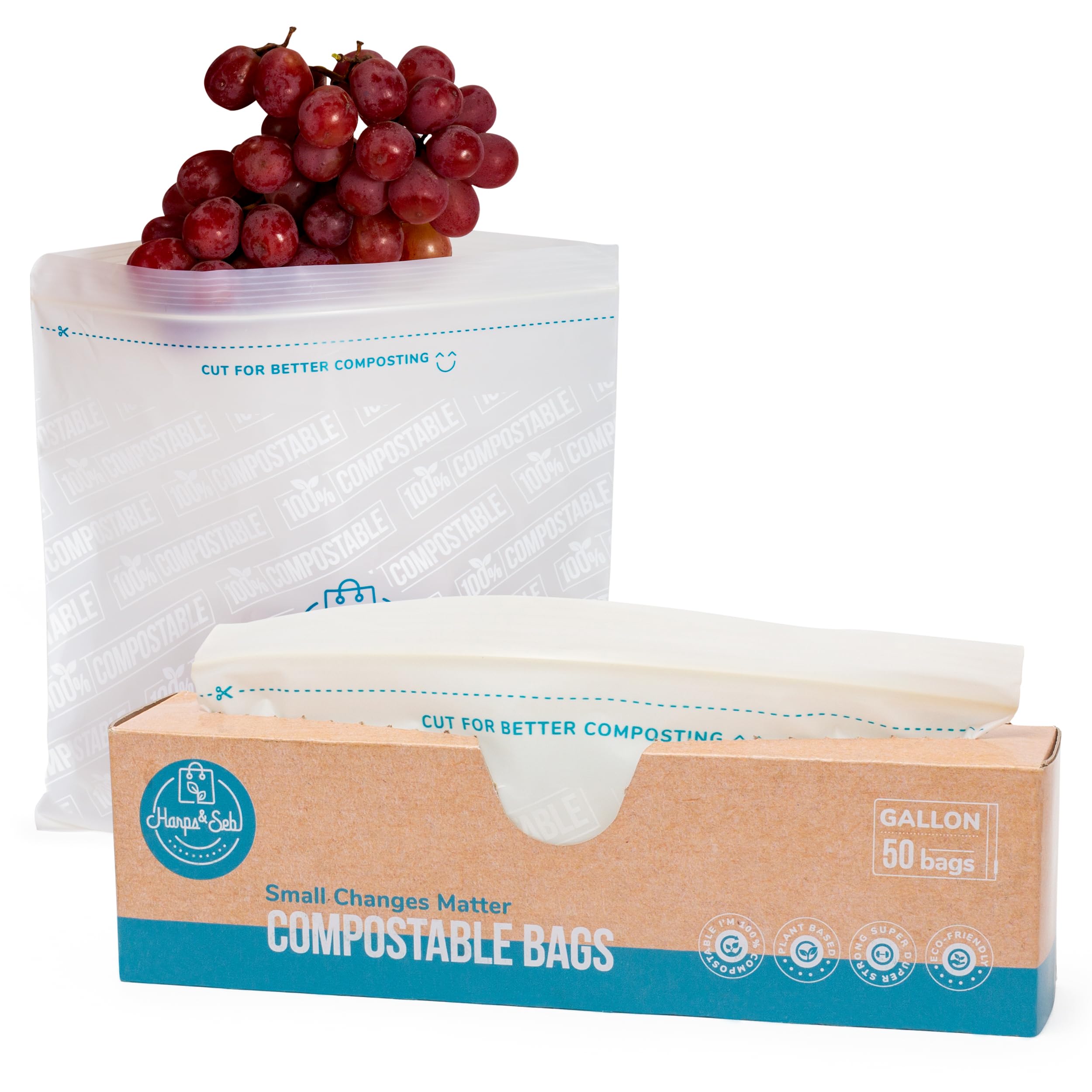 Certified Compostable Bags for Food Storage - Resealable Leak-Proof Gallon Size Bags - Heavy-Duty Plant-Based Zip Bag - Fridge & Freezer Bags with Zip Seals - Biodegradable Gallon Baggies -50 Pack