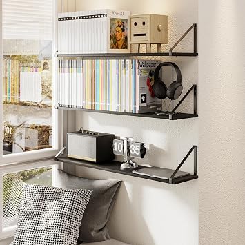BAMEOS 91.4x19.5x1.2 CM Deeper Rustic Wood Floating Shelves - Set of 3, Wall Bookshelf for Living Room, Bedroom, Kitchen, Black Wall Decor Shelves, Large Storage Solutions