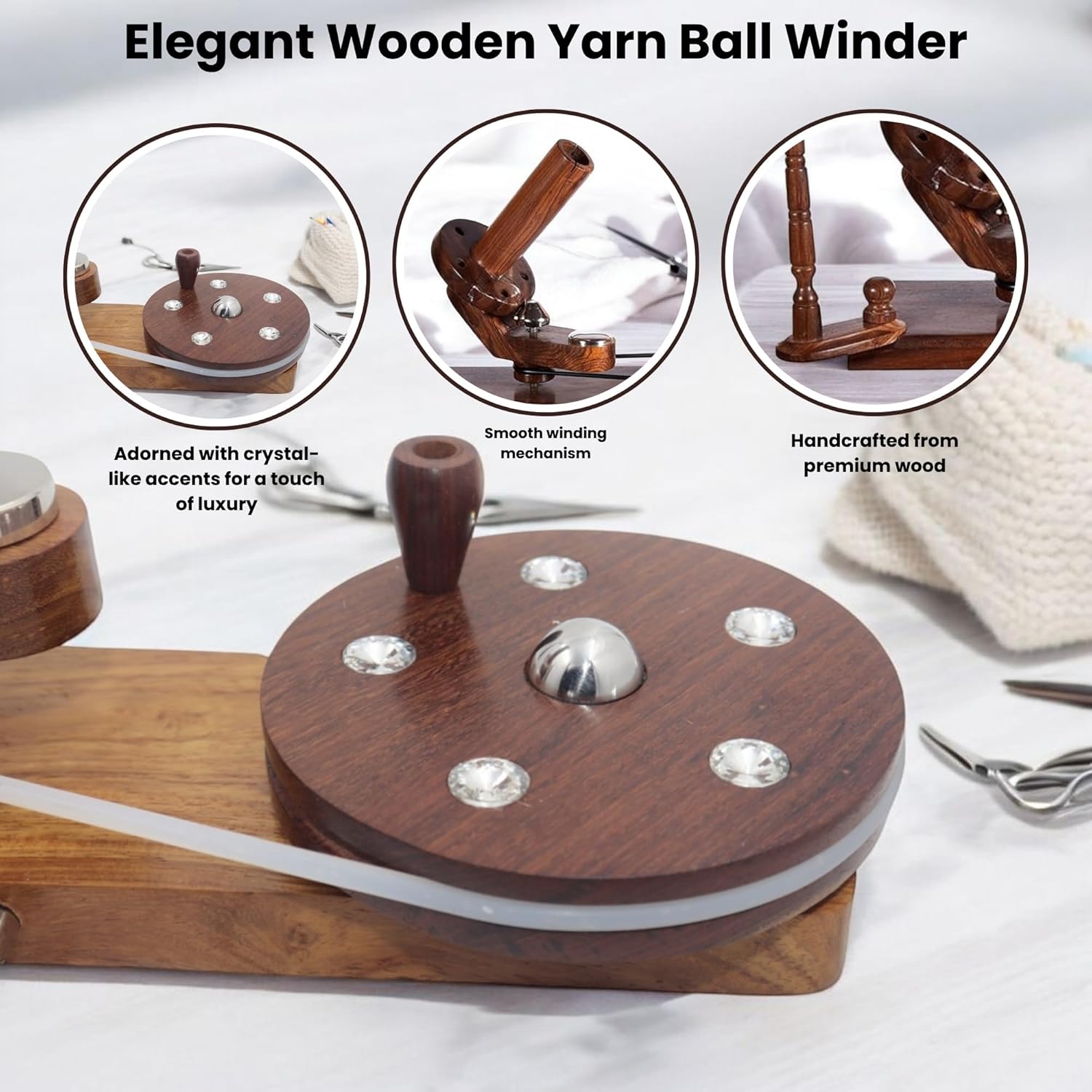 Hind Handicrafts Wooden Yarn Ball Winder for Knitting & Crochet | Handcrafted Rosewood Design | Smooth Center Pull Ball Winder with Anti-Skid Base - Ideal for 1 lb Yarn Balls