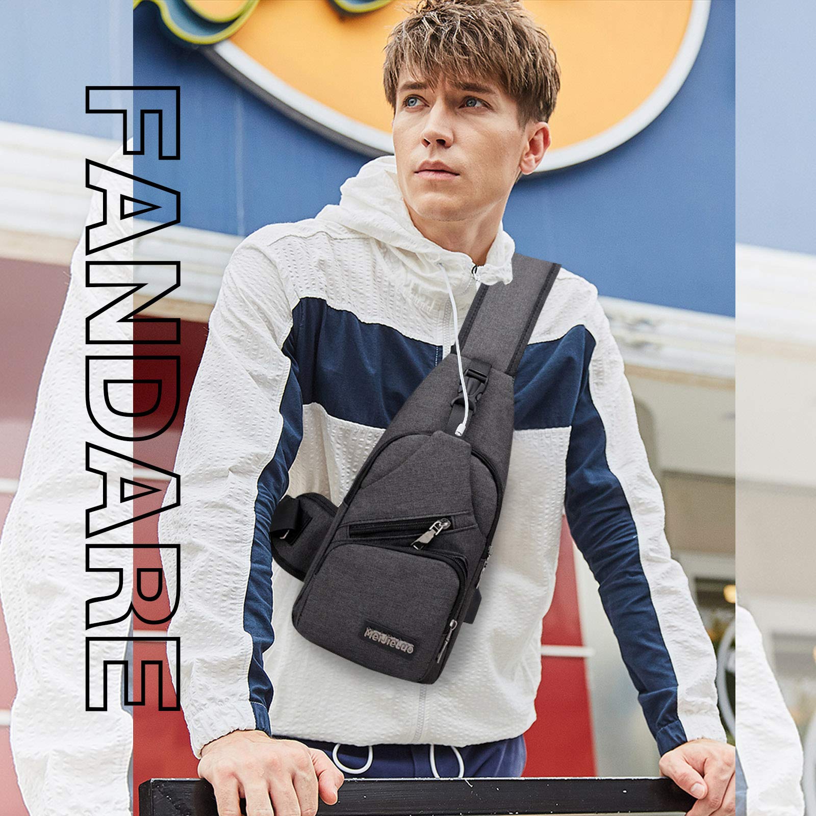 FANDARE Sac de Poitrine Unisexe Sac d'Epaule Sacoche Homme Femme avec USB Sac Bandoulière Imperméable Sling Bag pour Cyclisme,Aventure,Camping,Équitation,Chasse,Randonnée,Voyage Gris Noir