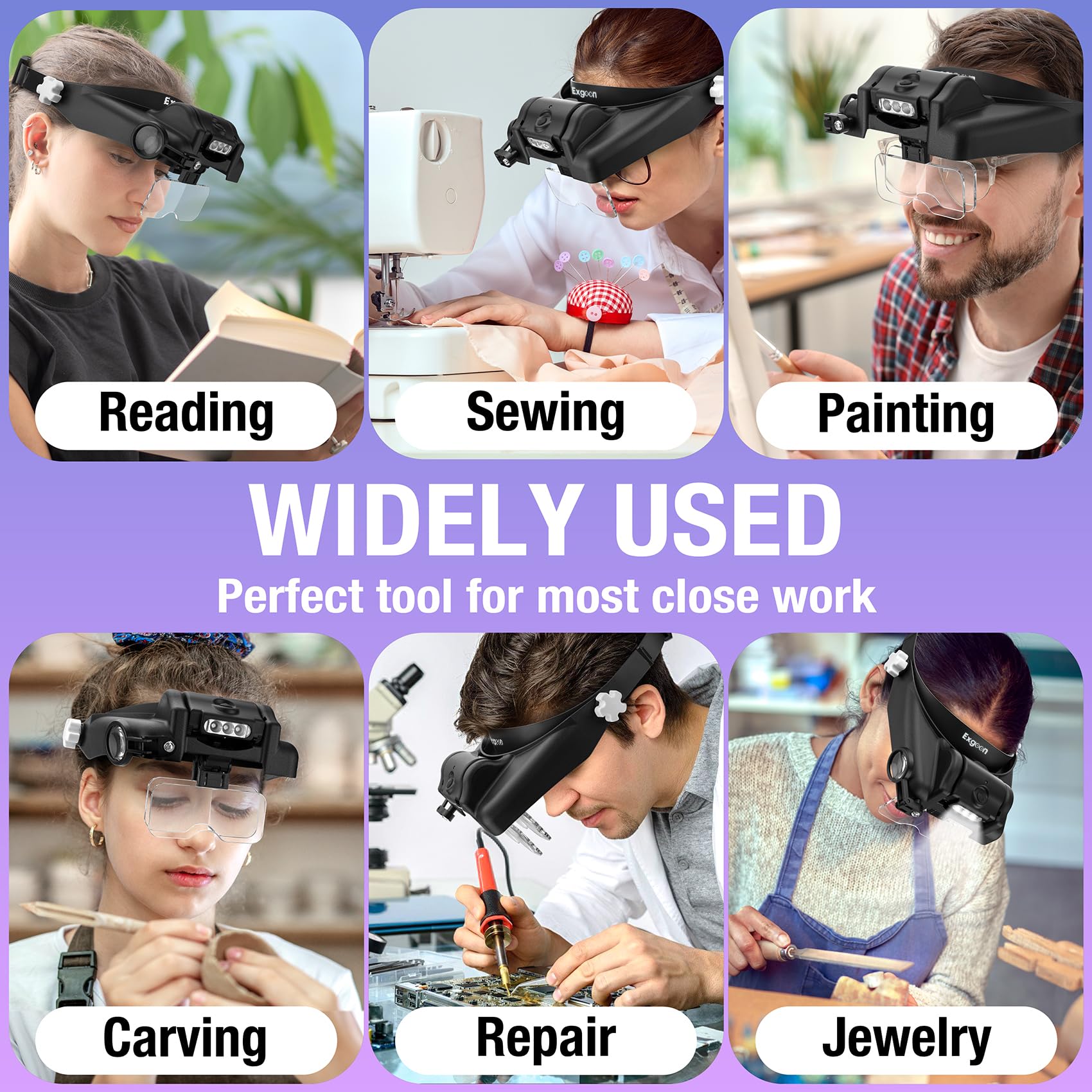 Lupa con luz de 1 a 14 aumentos con 6 Lentes Desmontables, Lupa con Diadema Recargable Manos Libres para Aficiones, modelismo, joyería, Manualidades