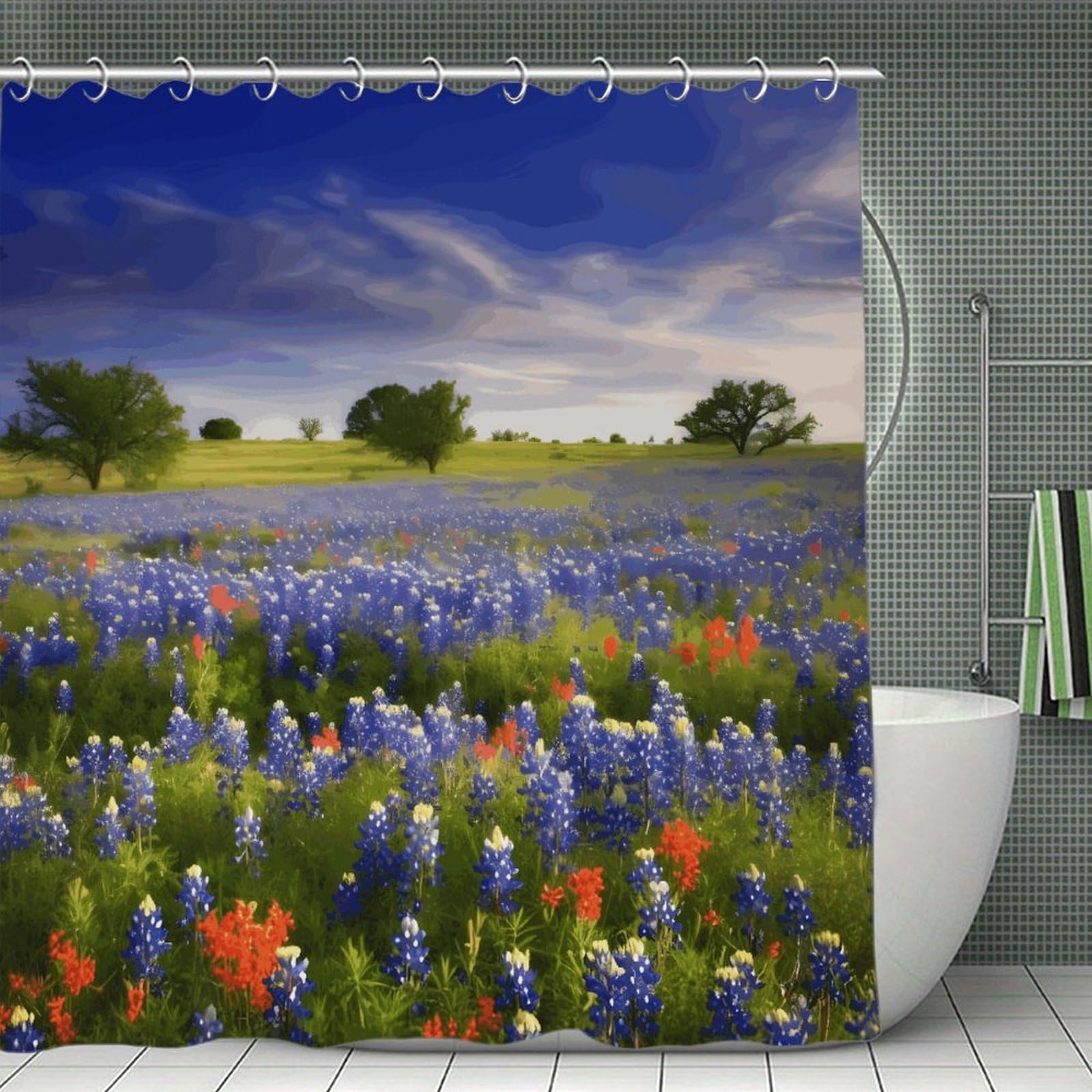 VstaDank Texas Bluebonnets Scenery Bath Curtain Elegant Heavy Duty Shower Curtains 70x70 in Rustic Farmhouse Cloth Shower Curtains Neutral Modern Bath Curtain for Bathroom