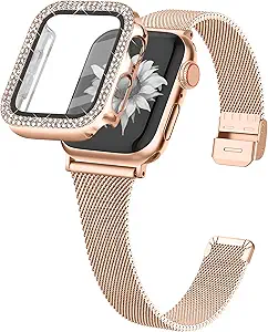 Joyozy Slim Stainless Steel Band Compatible with Apple Watch 38mm 40mm 41mm 42mm 44mm 45mm 46mm Milanese Strap with Bling Glitter Case and Screen Protector, Dressy Bracelet Band for Women (Rose gold 45mm)