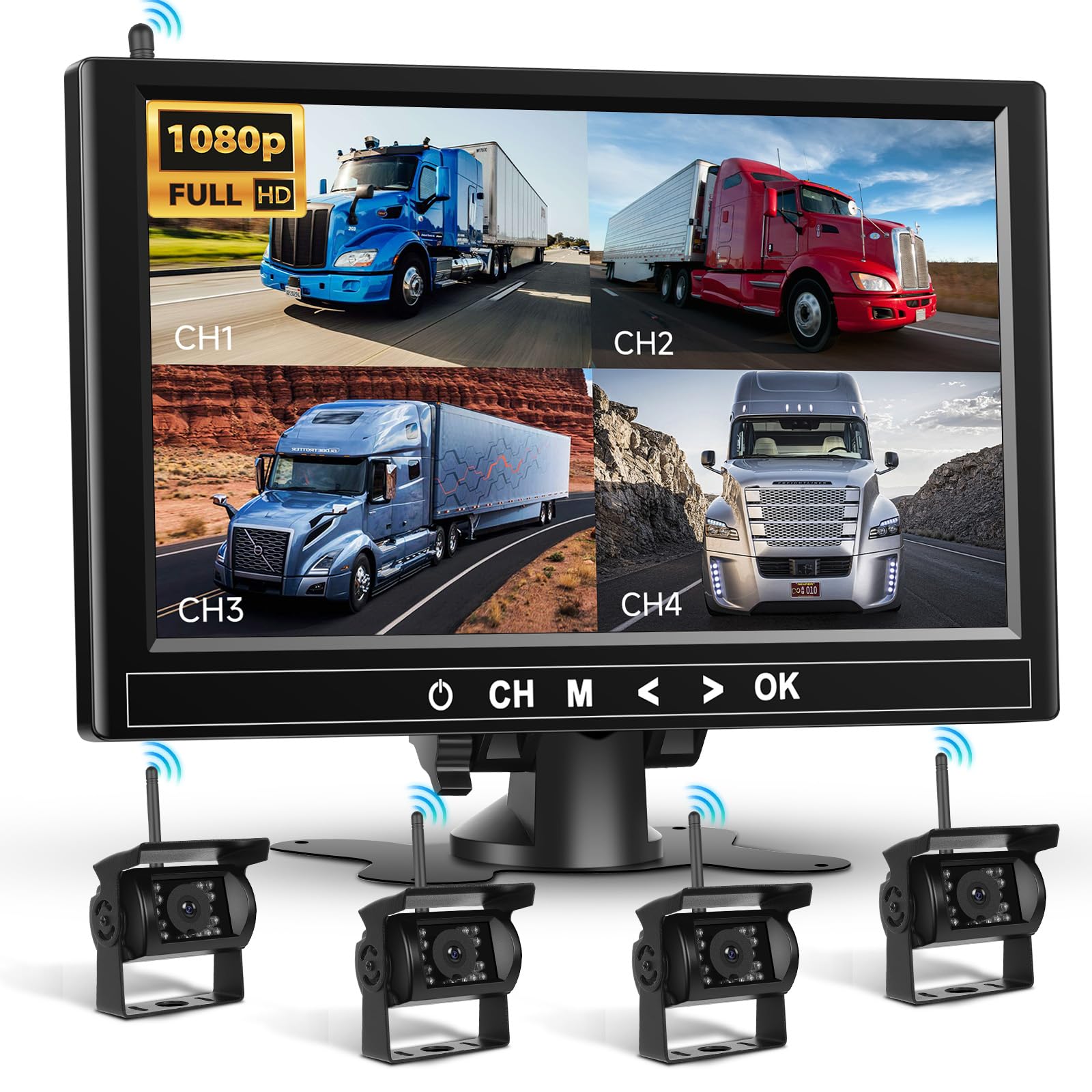 Kit di 4 telecamere posteriori 1080P HD senza fili, Podofo monitor LCD da 9 pollici con 4 telecamere di backup per rimorchio RV Camper Camion Auto Bus, rilevamento punti ciechi, linee guida, 12V-36V