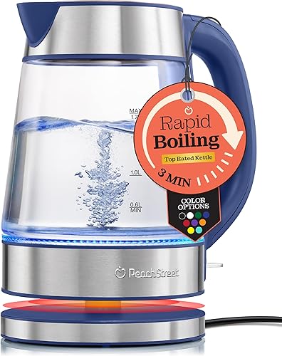 Speed-Boil - Hervidor eléctrico de agua, 1.7 L 1500 W, hervidor de café y té, vidrio de borosilicato, apertura amplia, apagado automático, mango de