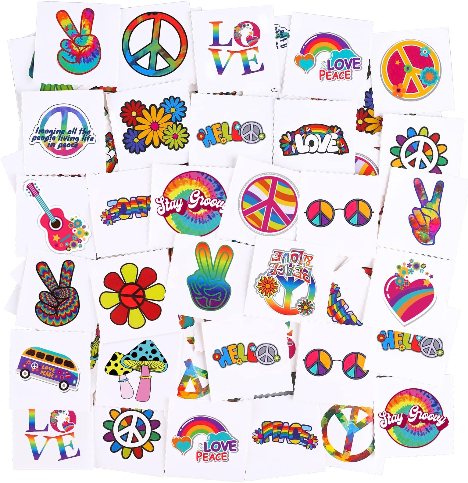 ADXCO 144 Pieces Hippie Tattoos Stickers - Assorted Groovy Temporary Waterproof Love and Peace Sign Tattoos for Hippie Theme Party Favors