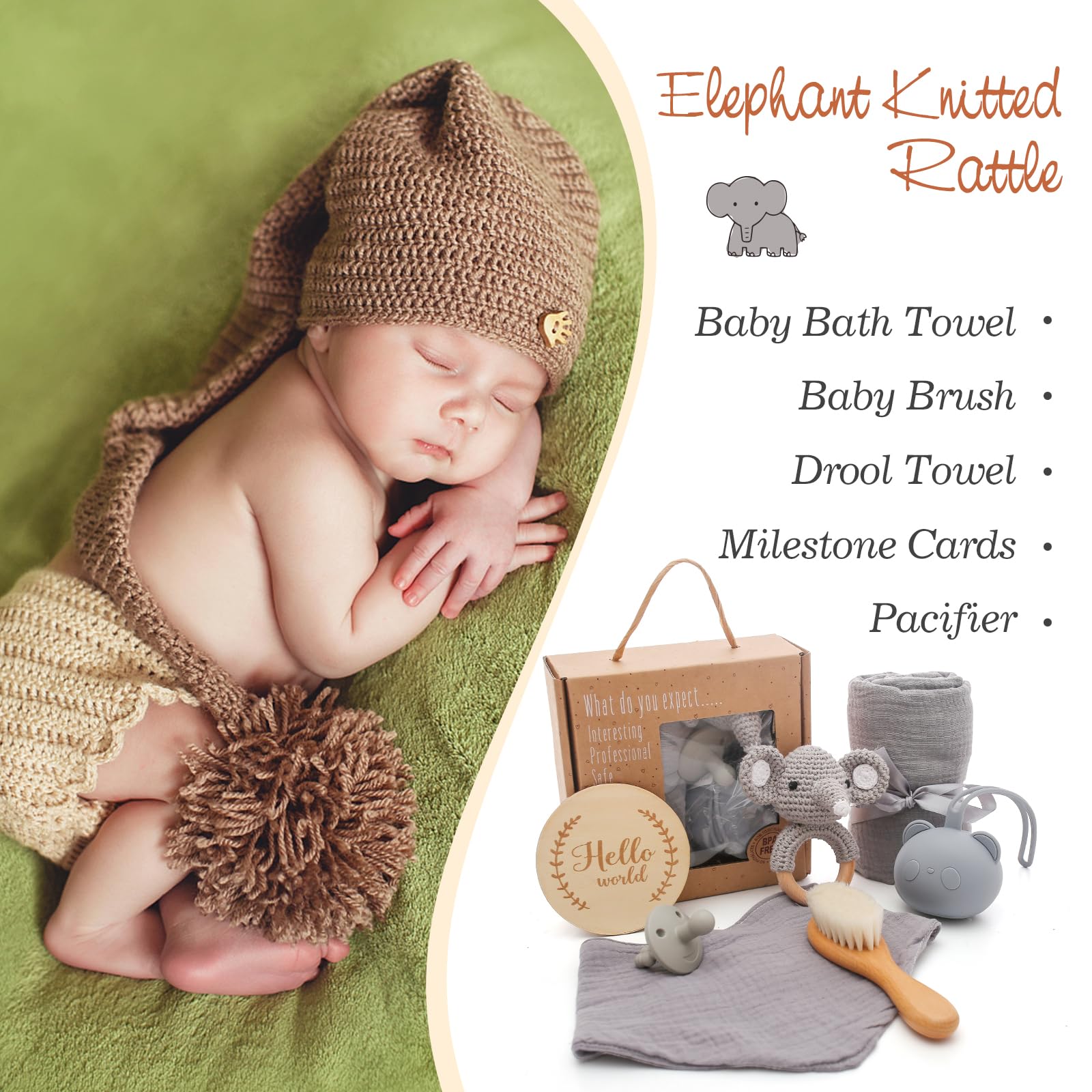 Youuys 7 Pezzi Regalo Set per Neonato, Regalo per Bambino e Bambina, Asciugamano da Bagno, Sonaglio, Giocattolo in Legno, Cartoline, Calzini, Spazzola, Baby Shower (Elefante-2)