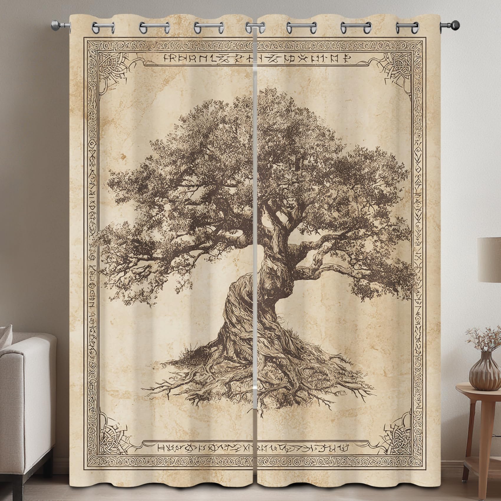 Generisch Wikinger Keltisch Vorhänge Blickdicht, Baum des Lebens Gardinen mit Ösen für Wohnzimmer Schlafzimmer, Thermovorhang Kälteschutz Fenster 2er Set H 183 x B 117 - Sd&K357