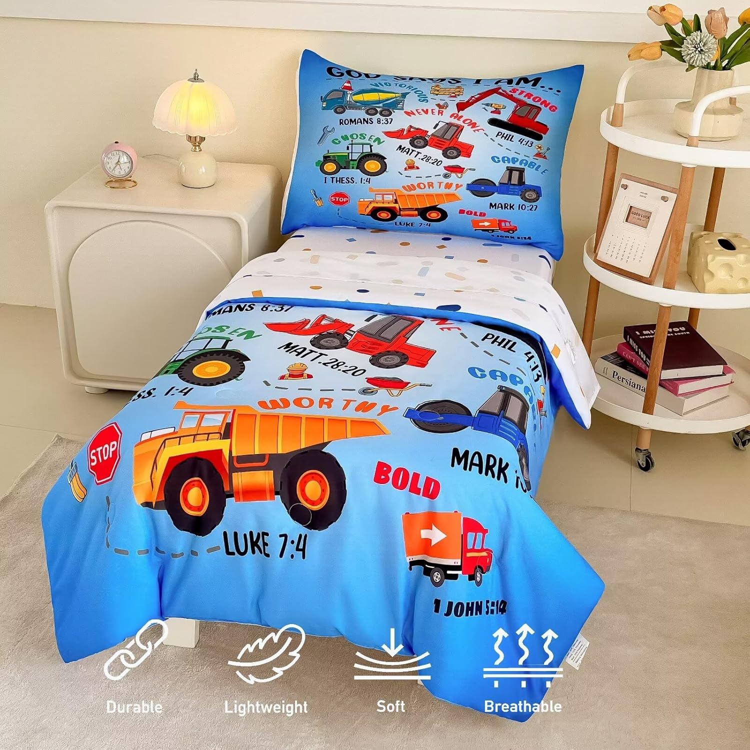 4 Piece Toddler Bedding Set for Boys,Cars Construction Toddler Bed Comforter Set Includes Comforter,Flat Sheet,Fitted Sheet and Pillowcase,Christan Trucks Tractors Bed in A Bag for Kids Bedroom - Image 3