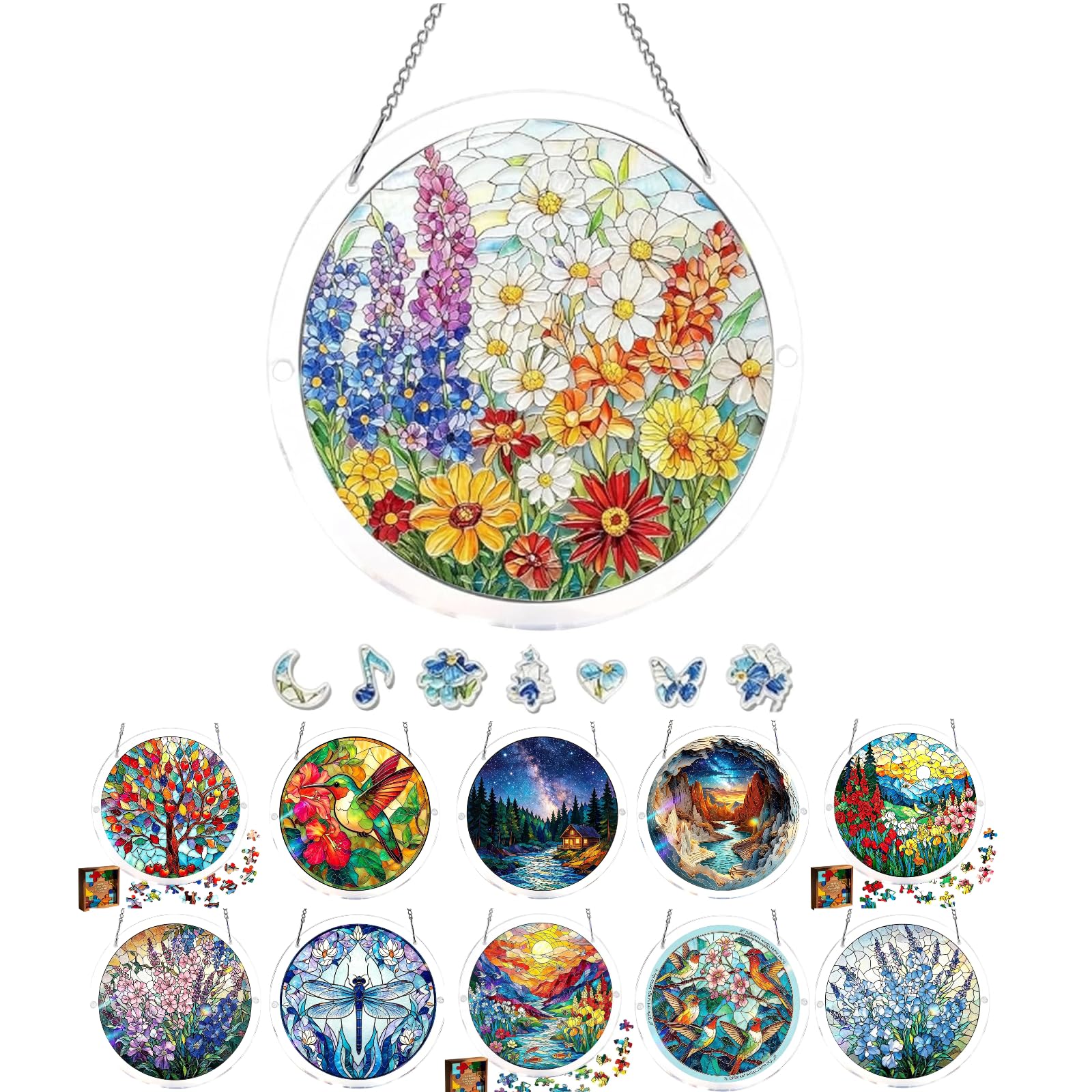 Acrylic Jigsaw Puzzle Suncatcher,Acrylic Puzzle Suncatcher,for Doors Garden and Window Hanging&Birthday Mom Women Adults Gift-19 CM,A