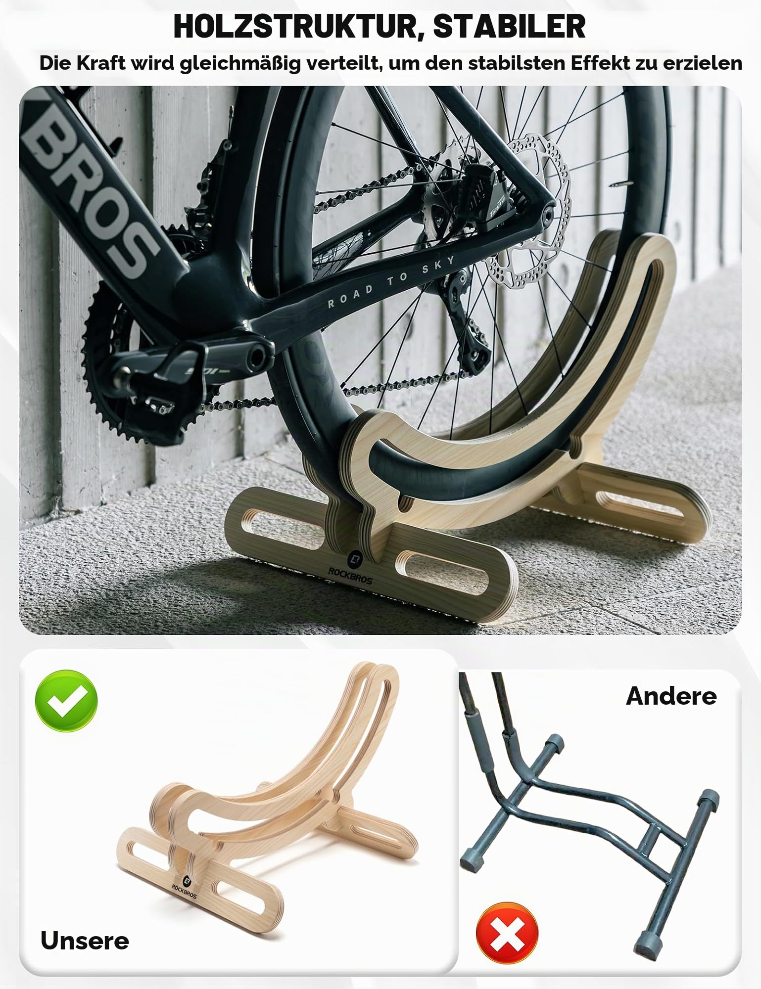 ROCKBROS Fahrradständer Boden, Holz Fahrradhalter Parkständer Abstellständer für 700C Reifen 23–30C, Freistehender Fahrrad Bodenständer für Rennrad und Trekkingrad