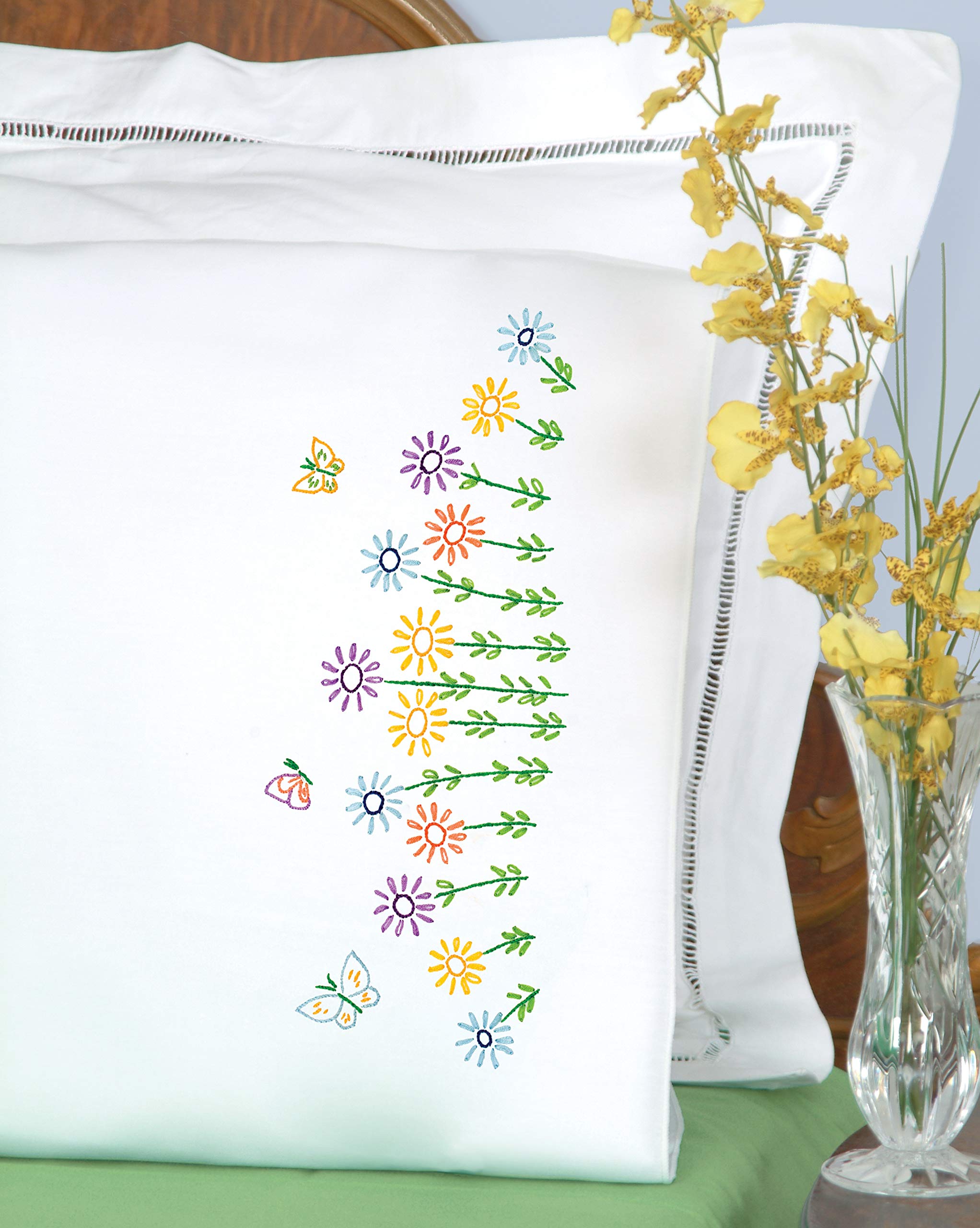 Jack Dempsey Needle Art Field of Flowers Pillowcases for Embroidery, white