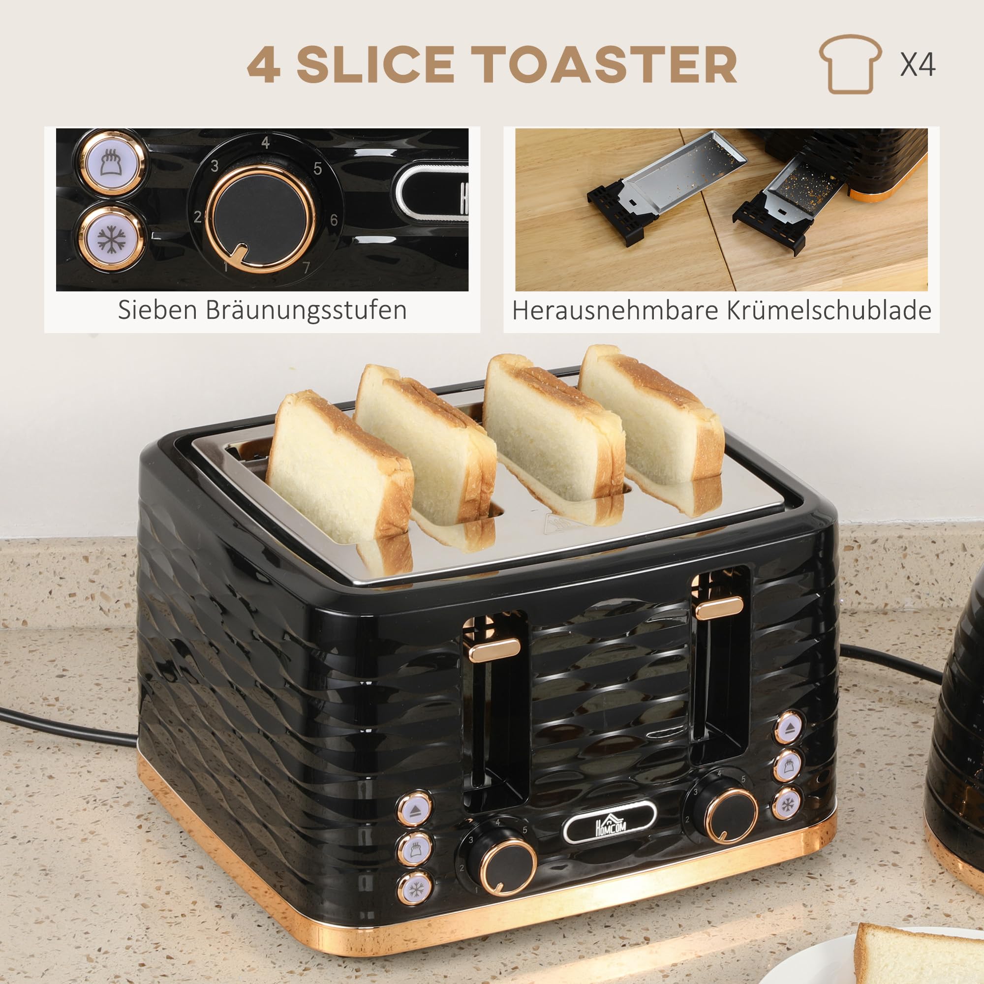 HOMCOM Bouilloire Grille-pain Set petit-déjeuner avec bouilloire de 1,7L, grille-pain 4 tranches, 2200 W, 7 niveaux de brunissage, décongélation, réchauffage et compartiment à miettes, thermostat