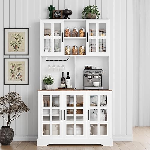 Miniatura 9 de Keyluv Armario de almacenamiento de despensa de cocina de 71 pulgadas de alto, gabinete de despensa independiente con puerta de vidrio de granja con