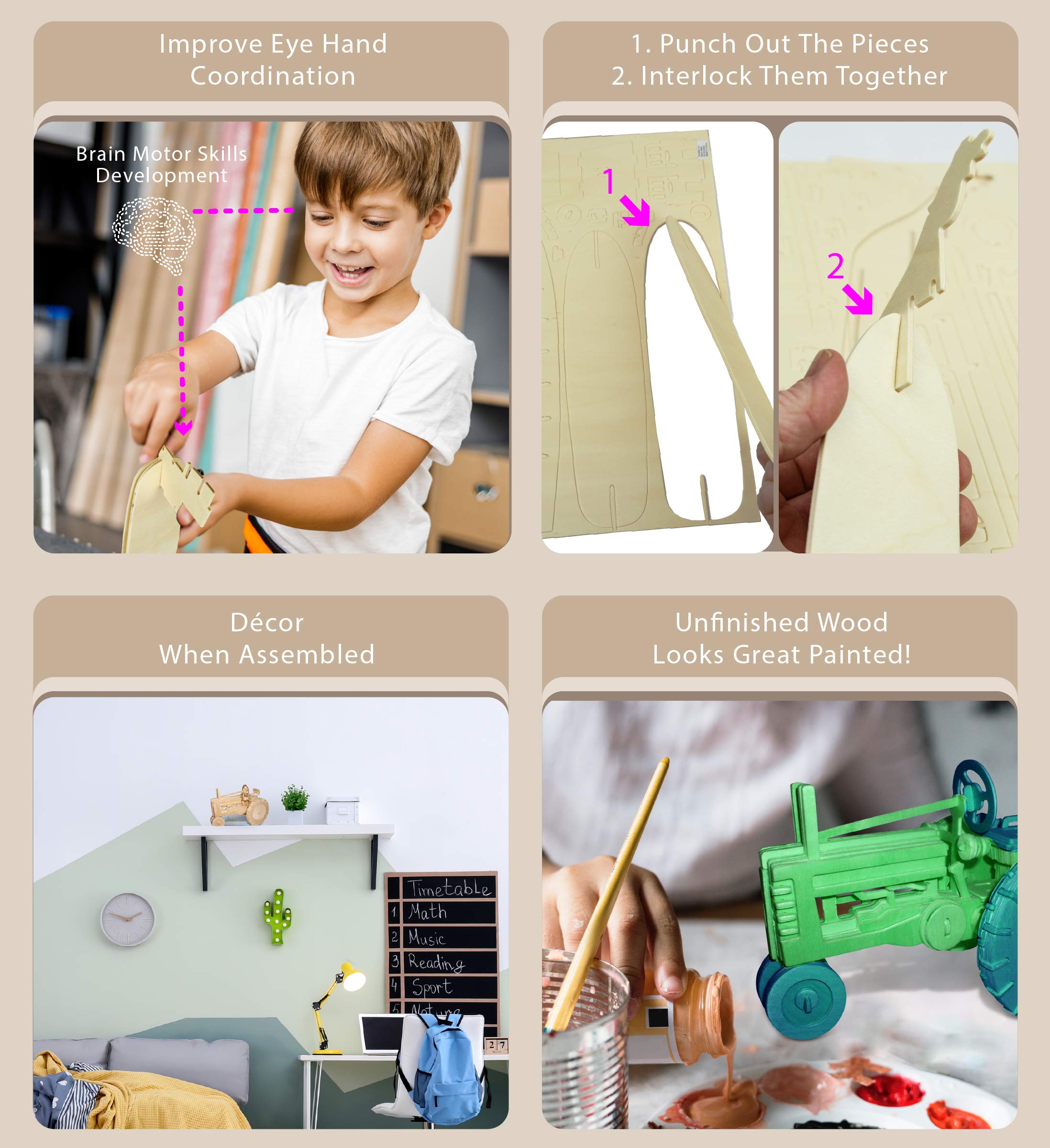 Juego de tractor de granja 3D, juego de modelo de construcción de artesanías de madera, divertido y educativo, juguete de madera para ensamblar, modelo de manualidades sin terminar, 3