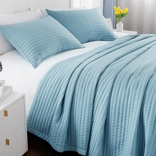 Juego de ropa de cama y colecciones tamaño individual, moderno, rústico, bohemio, de lujo, de punto neutro, edredón reversible azul suave y ligero