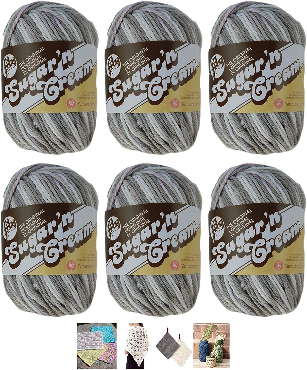 Bulk Buy: Lily Sugar'n Cream Yarn 100% Cotton Solids and Ombres (6-Pack) Medium #4 Worsted Plus 4 Lily Patterns (Greige)