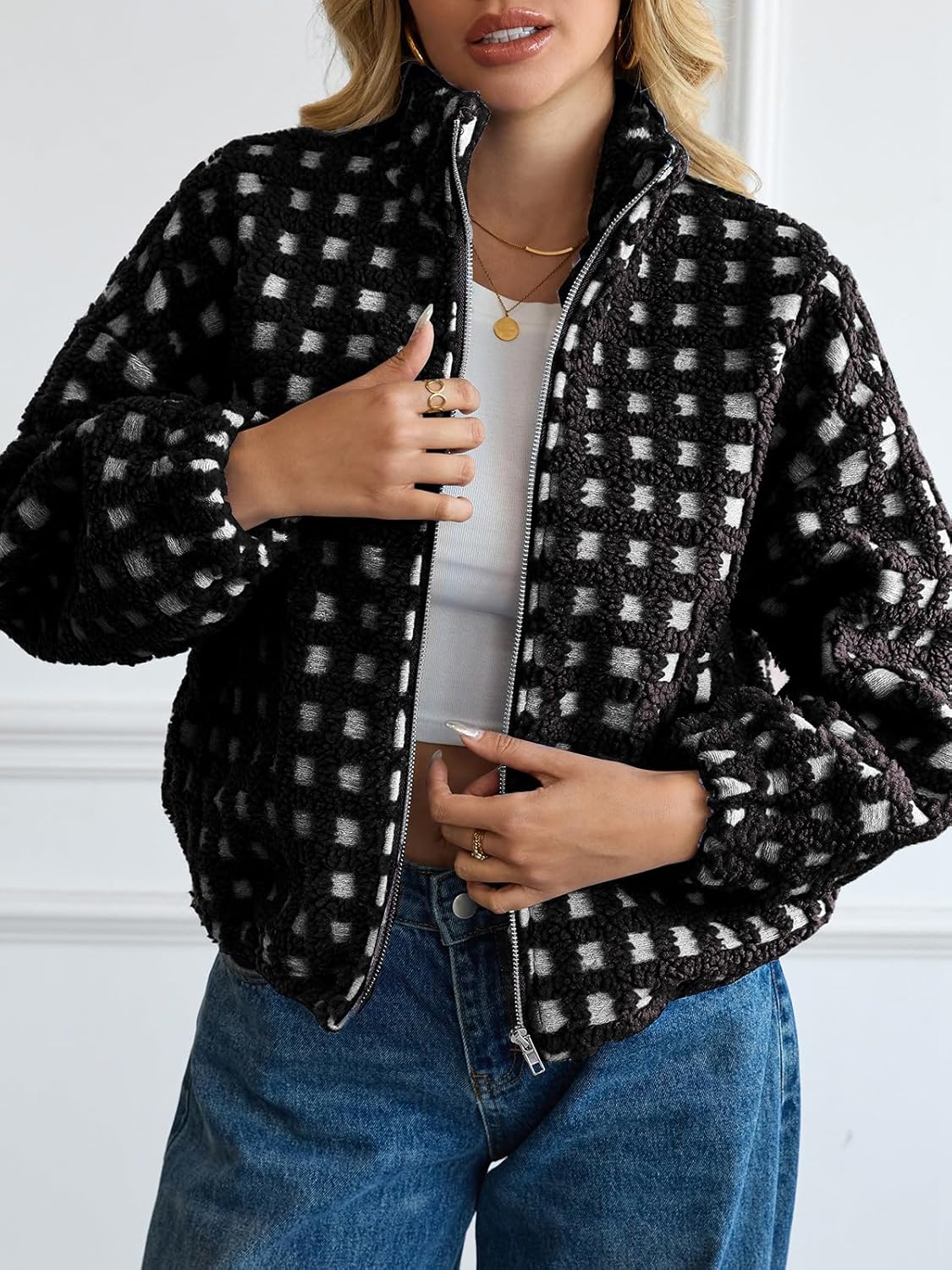 ALSOGO Womens Long Sleeve Checkered Sherpa Jacket Cropped Plaid Fleece Coats Zip Up Casual 2025 Warm Gingham Outwear - Image 2