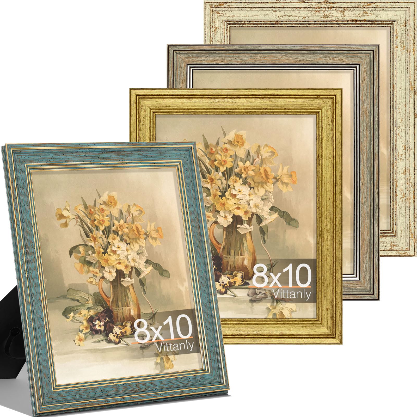 Vittanly Juego de 4 portarretratos de 8 x 10 pulgadas, marco de fotos vintage para pared o mesa, muestra fotos de 5 x 7 pulgadas con paspartú o de 8 x 10 pulgadas sin paspartú, azul, dorado, verde