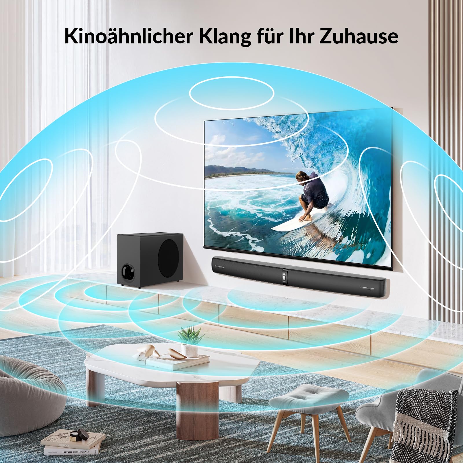Soundbar mit Subwoofer für TV Geräte, 2-in-1 abnehmbare Sound bar, 120W, kräftiger Bass, 3 Modi, kompatibel mit Bluetooth 5.3/ARC/Opt/AUX für TV, PC, Gaming, Beamer 1 Pcs (Schwarz)