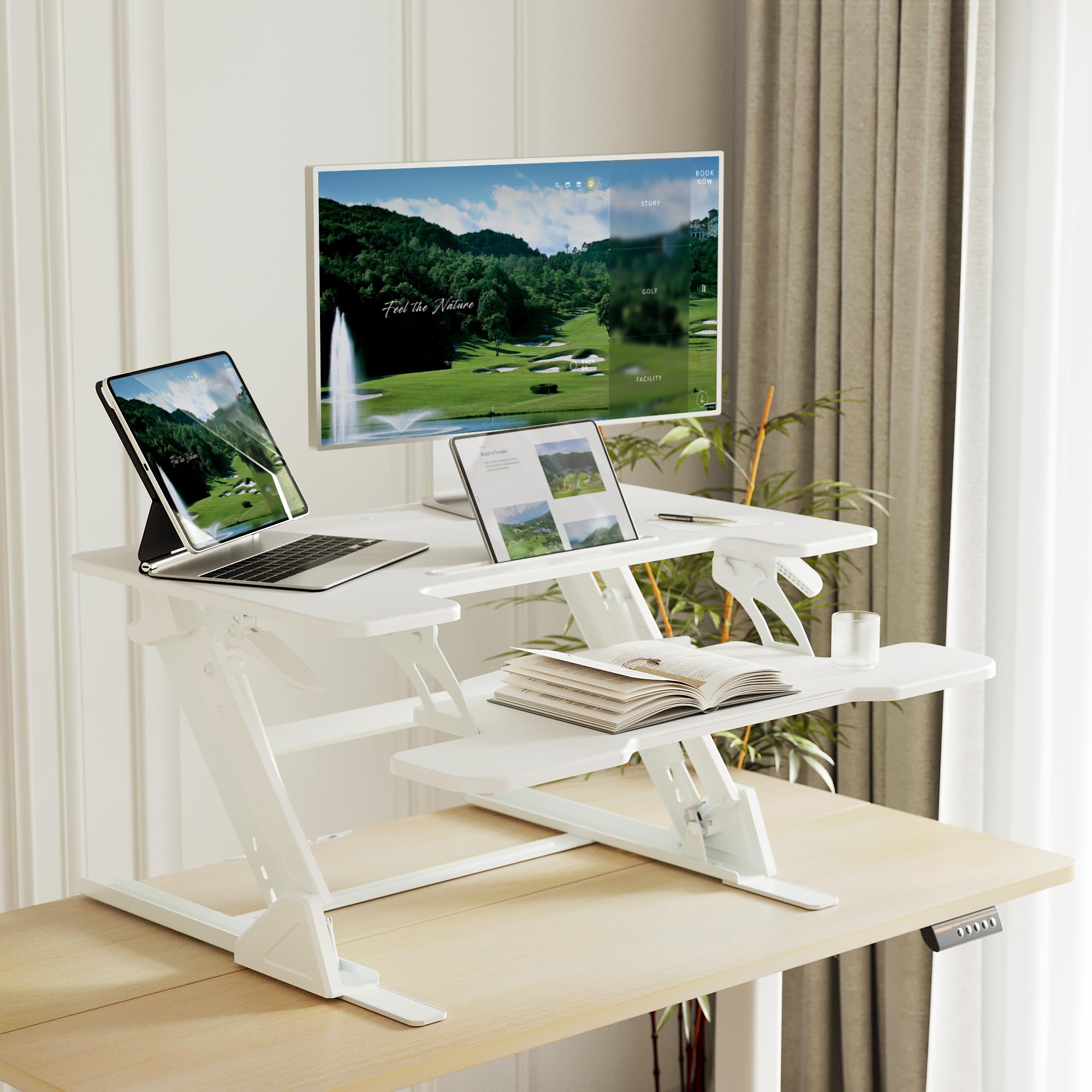 Claiks Standing Desk Converter 32 inch Height Adjustable Sit Stand Up Desk Riser Quick Sit to Stand Tabletop — view 2