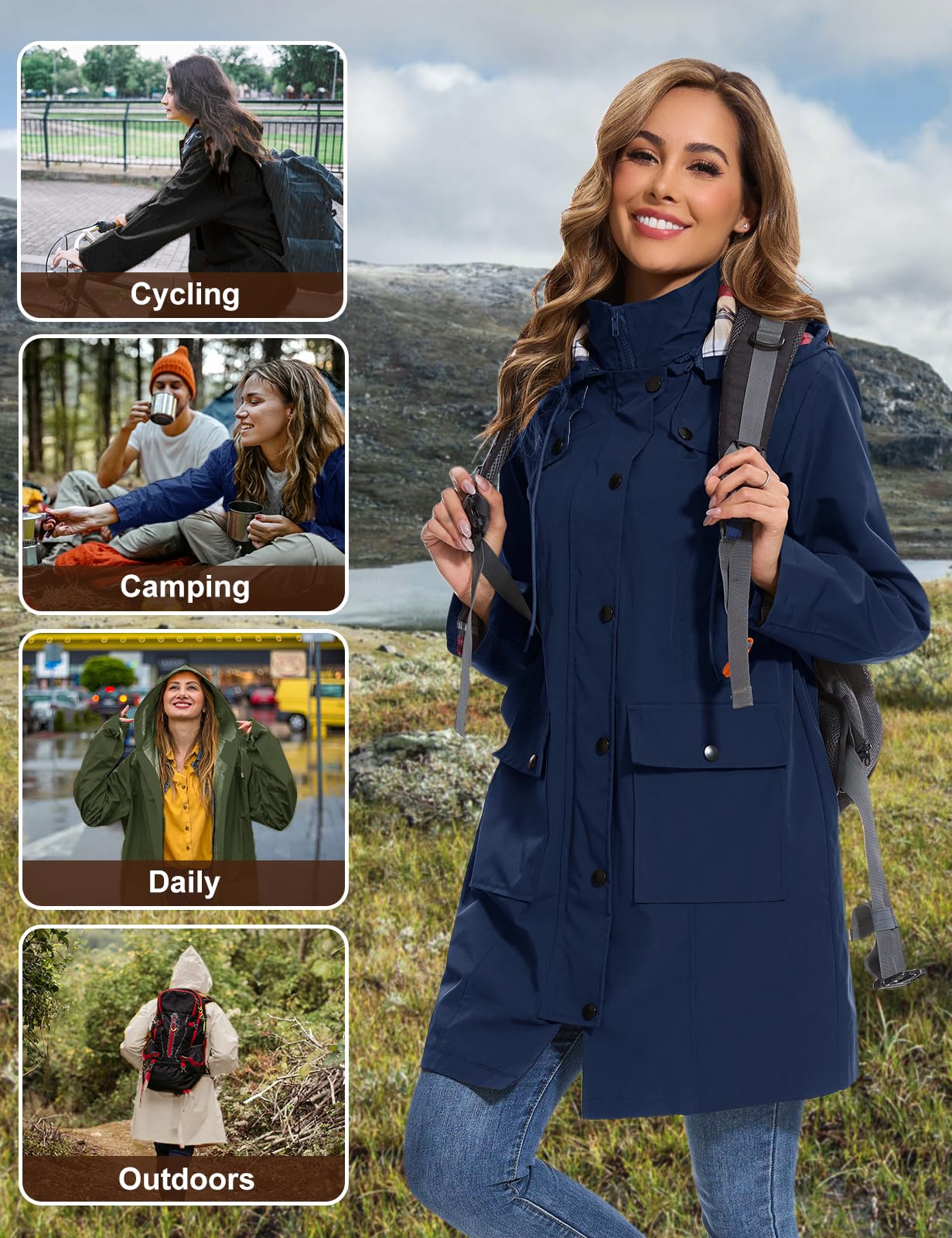 Tuopuda Regenjacke Damen Wasserdichte Übergangsjacke Lange Regenmante Windbreaker Jacke Leicht mit Abnehmbare Kapuze Regenparka Atmungsaktiv für Frühling Sommer Herbst