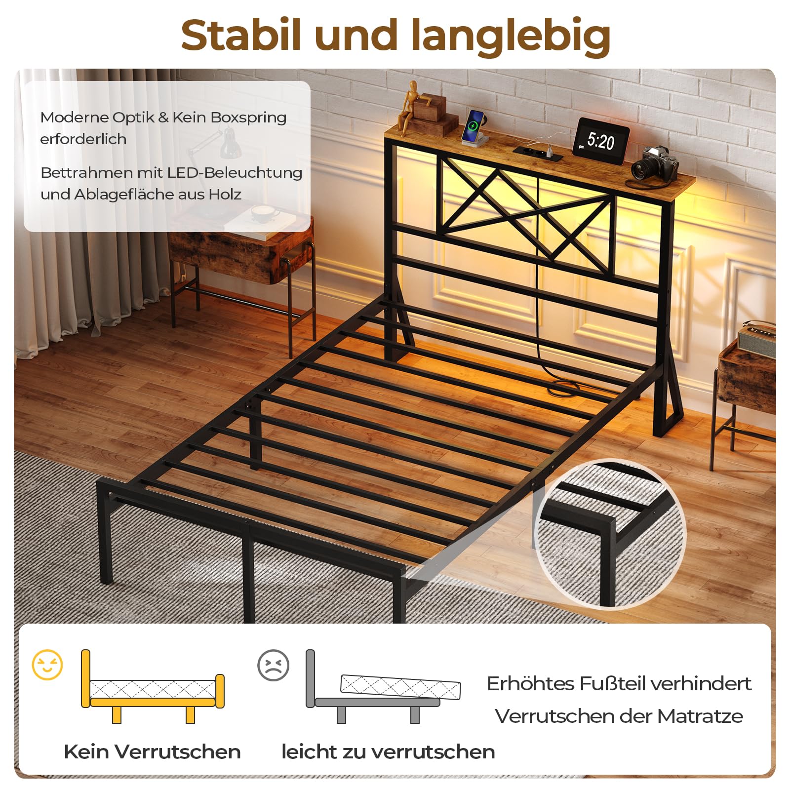 DICTAC Bettgestell 90x200 mit LED Beleuchtung, Bett 90x200 mit Steckdose und 2 USB, Einzelbett mit Holzkopfteil, Metallbett mit Lattenrost aus Metall, Bettrahmen mit Stauraum unter dem Bett, Höche 32