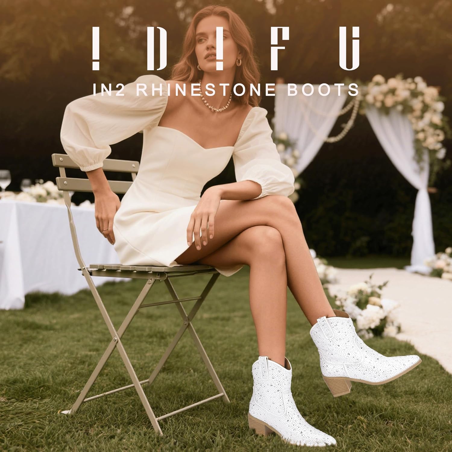 IDIFU IN2 Womens Booties Cowgirl Cowboy Rhinestone Ankle Boots for Women Low Short Block Heel Pointed Toe Slip On Fall Booties Ladies Western Sparkly Glitter Disco Wedding Fashion Dressy Boots - Image 3