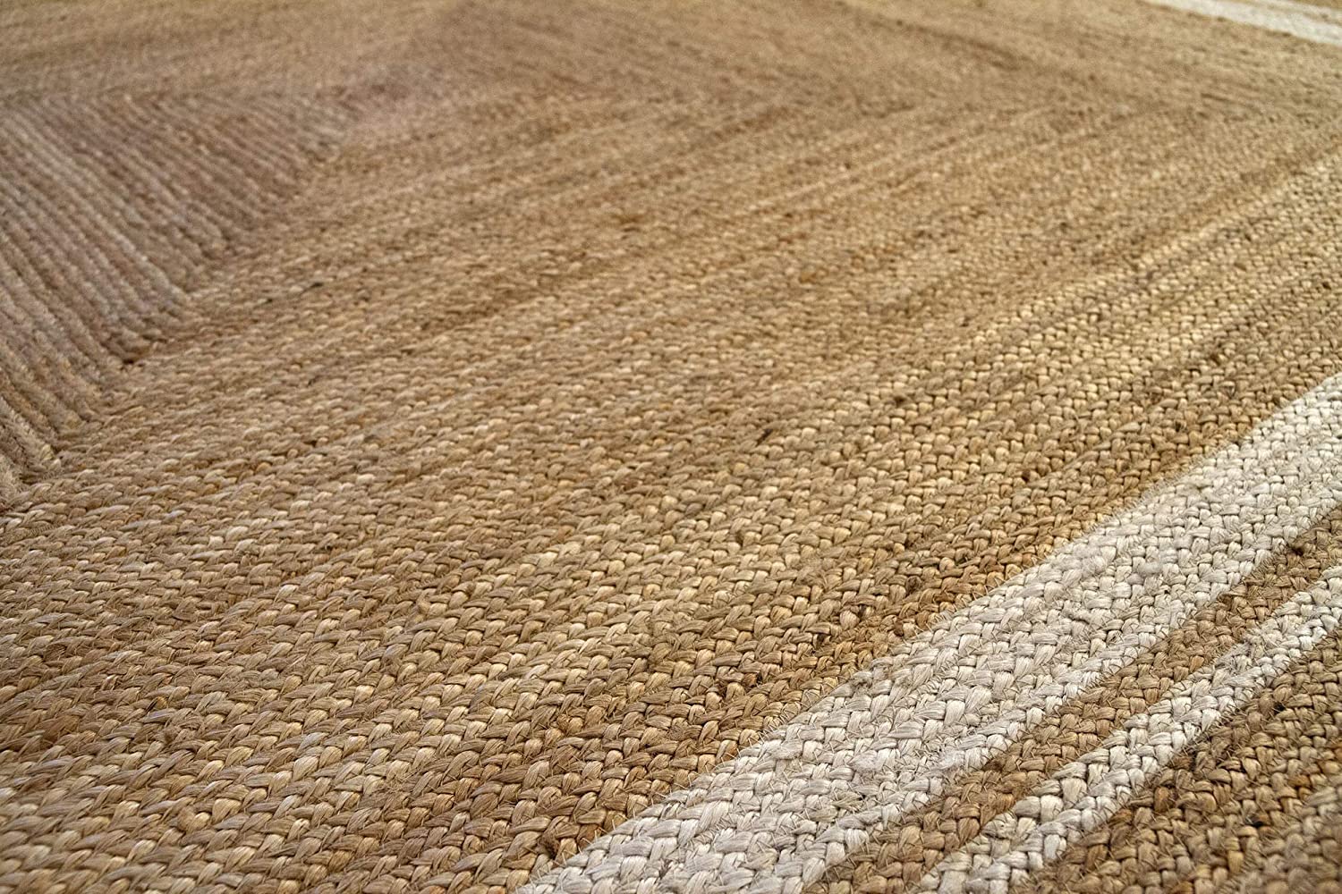Tapis carré en Jute avec Lignes Blanches pour Salon (150 x 150 cm)
