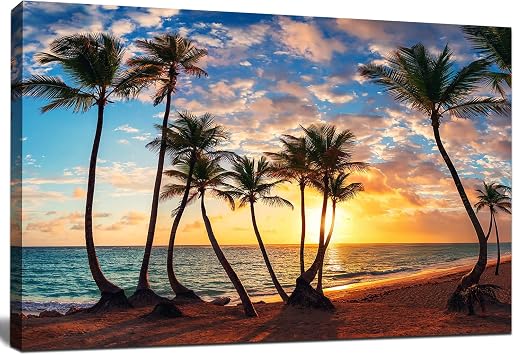 msspart Tropical Palm Tree Canvas Wall Art Coastal Picture Print Ocean Themed Decor Beach Sunset Landscape Artwork for Living Room Bathroom Bedroom Home Office Decorations - 24x36