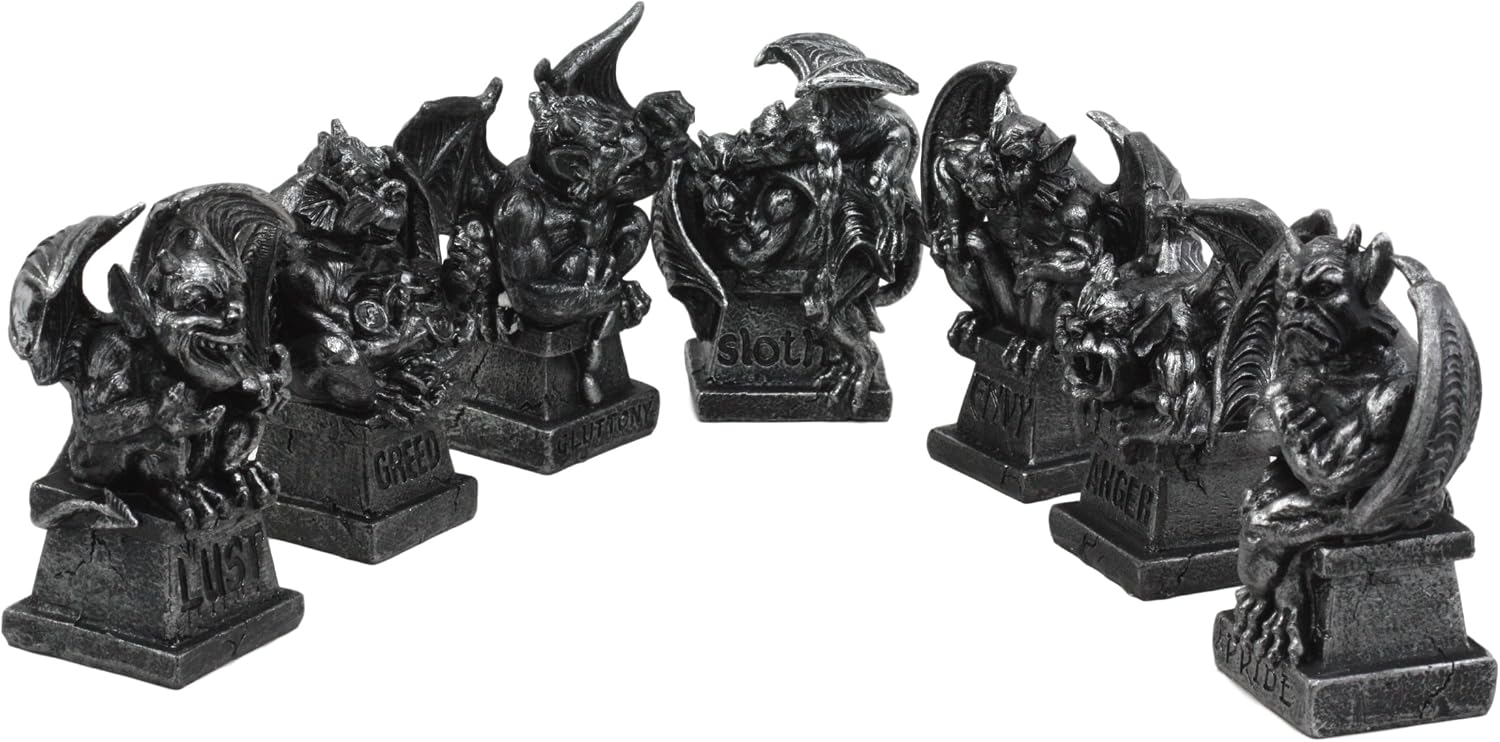 Ebros Gift Allegorical Seven Deadly Sins Gargoyle Figurine Set of 7 Cardinal Sins Pride Sloth Gluttony Envy Greed Anger and Lust Gargoyles Sculptural Decor