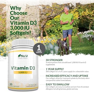 Vitamin D 3000IU - 365 Softgel Capsules - 1 Year Supply - Triple Strength Vitamin D3 Supplement - High Absorption Cholecalciferol - Made in the UK - Nu U Nutrition