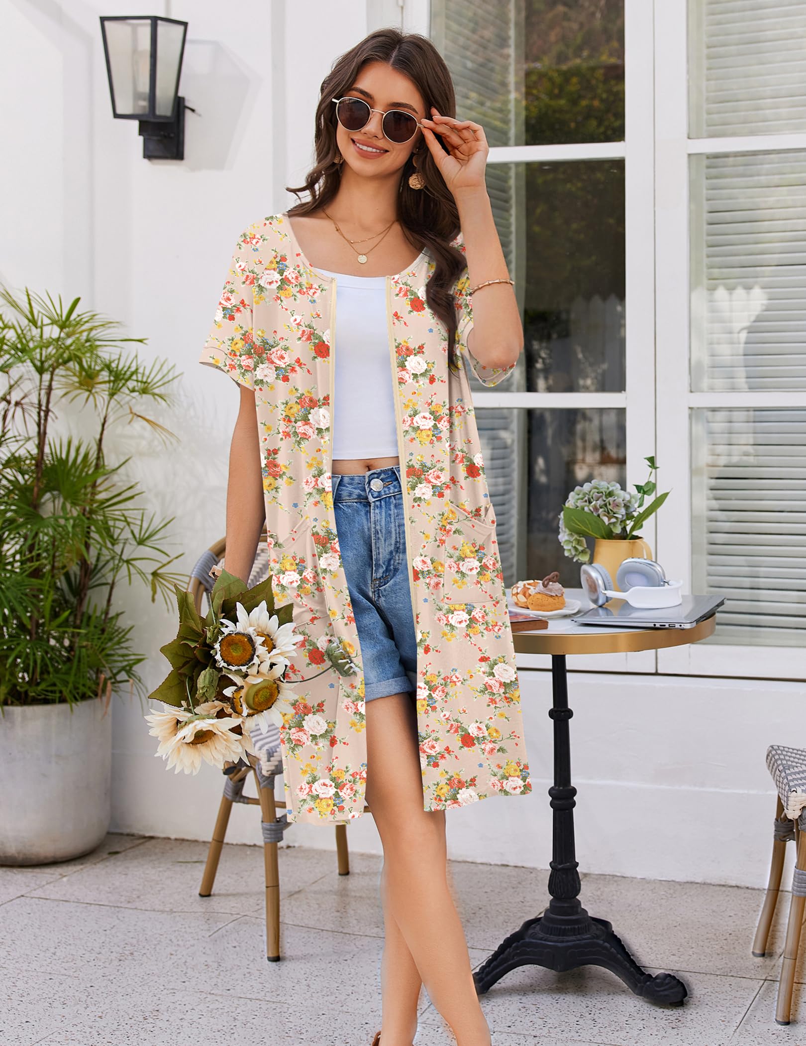Ekouaer Bata corta con cremallera para mujer, bata de baño ligera con estampado floral, vestido de casa con bolsillos, camisón S-3XL
