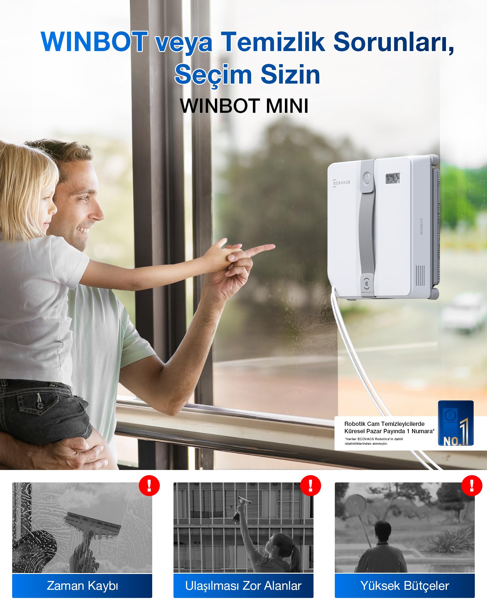 ECOVACS WINBOT Mini Robot de Nettoyage de vitres, Design Compact, Double Buses avec pulvérisation ultrasonique, système de Protection à 9 étapes, Planification Intelligente du Trajet, Blanc