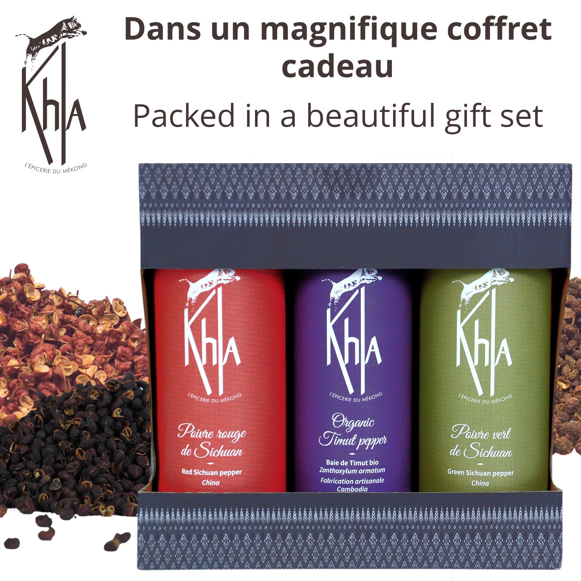 Khla - Coffret Trio de Poivres Rares - Sichuan & Timut - En Grains - Coffret Cadeau Cuisine - Baies Sichuan Rouge Vert - Épices Poivres du Monde - Recharge Moulin - Asie Chine Népal