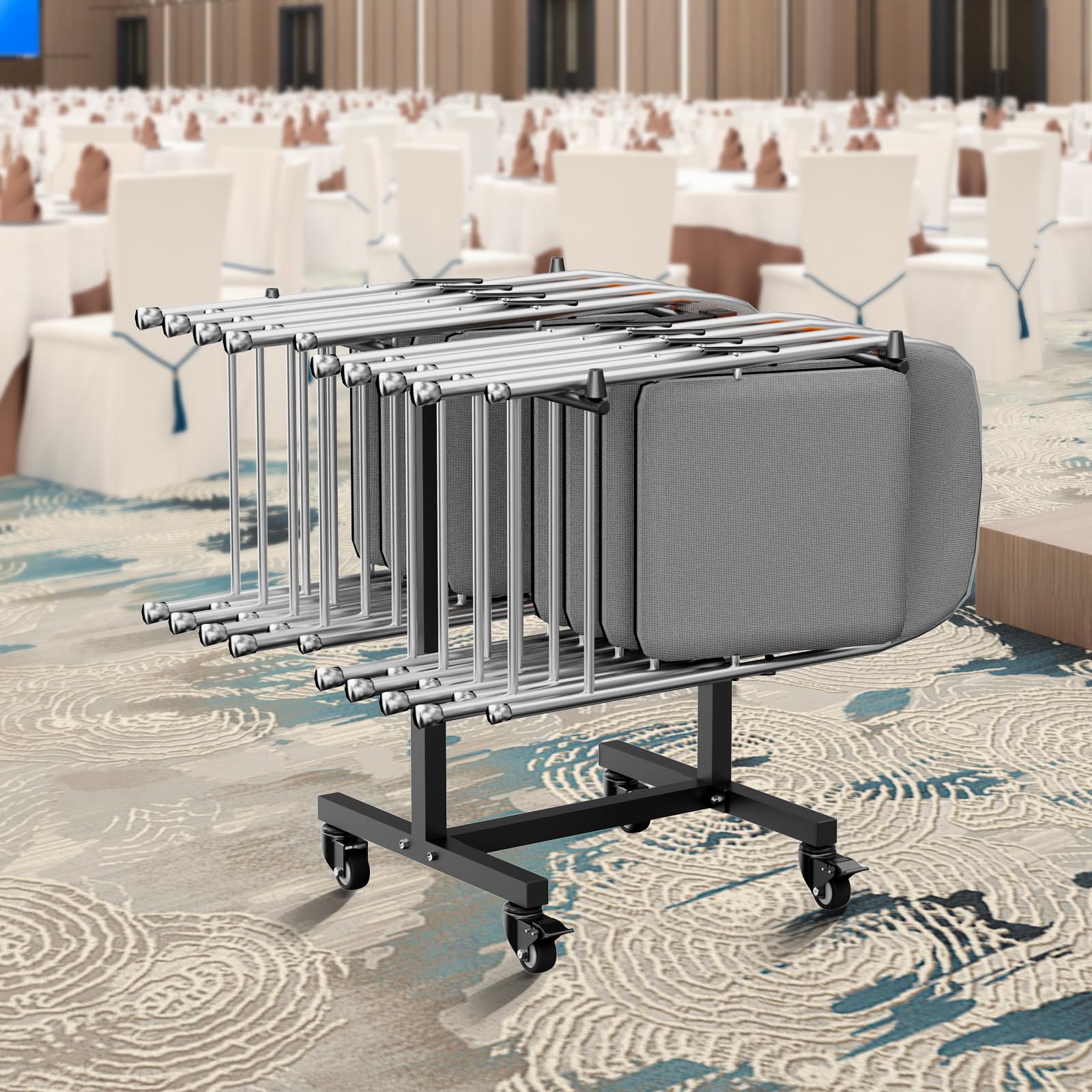 VEVOR Estante para Sillas Plegable, Capacidad de 90 kg, Carrito en Forma de T para 14 sillas, Carrito de Almacenamiento de Metal Resistente con Ruedas de Goma para Fiestas, Eventos, Negro Mate