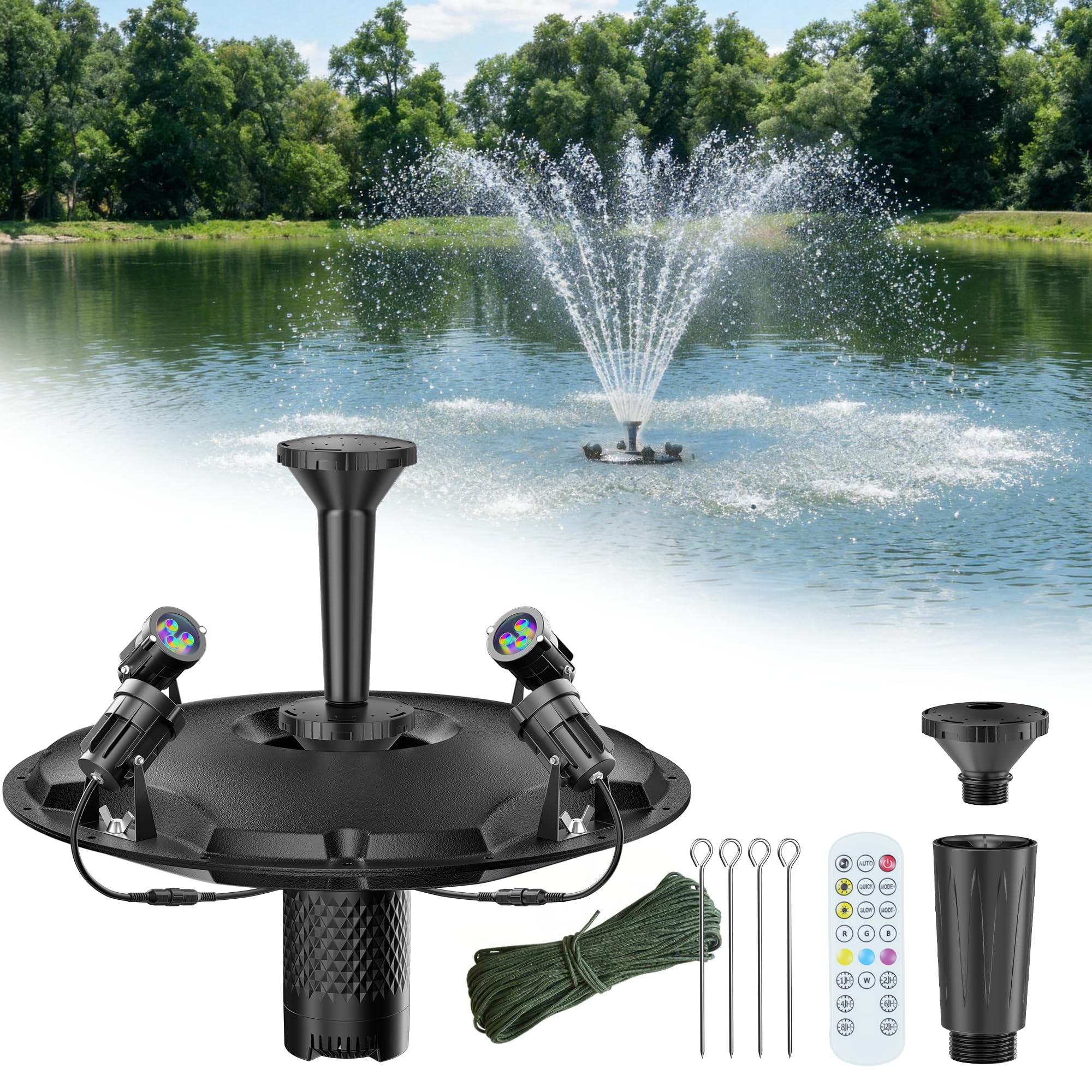 POPOSOAP Kit Completo de Fuente Flotante para Estanque y Aireador con Luces LED, Bomba 4600 L/h, Cable 9m, 3 Tipos de Chorro para Estanques, Albercas y Jardines Acuáticos