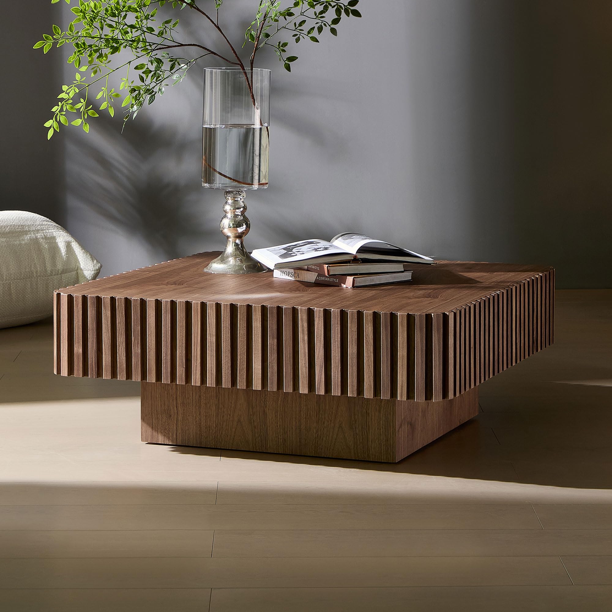 Photo 1 of KEIKI 35" Handcraft Drum Square Wooden Coffee Table with Sturdy MDF Pedestal, Modern Style Solid Wood Relief Coffee Table, Easy Assembly, for Living Room, Bedroom, Reception Room, Walnut