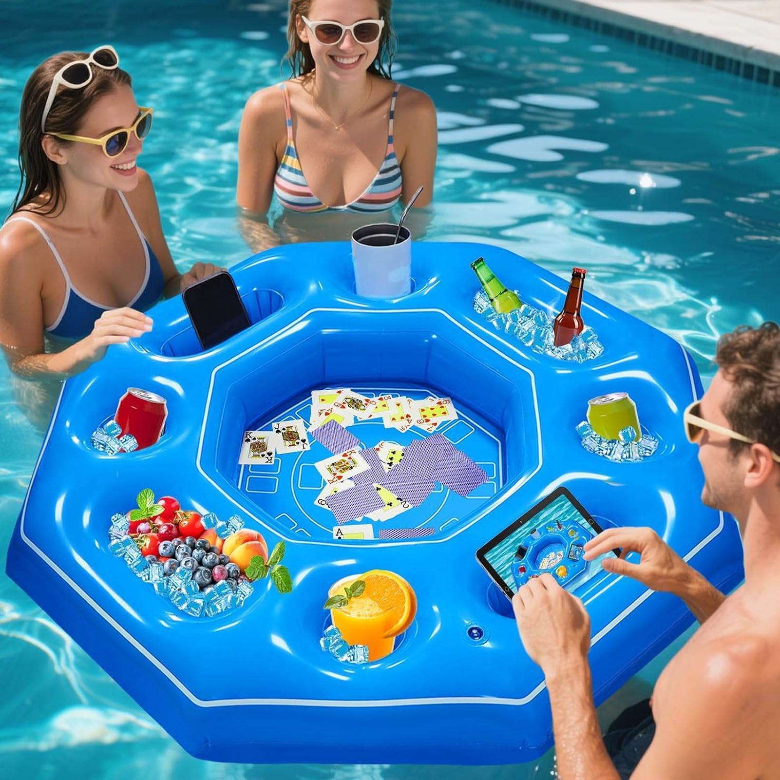 Tavolo Galleggiante per in Piscina Intrattenimento Ottagonale Gonfiabile | Tavolo Galleggiante Per Carte Da In Piscina per Parco Acquatico Spiaggia Feste Giardino Adulti Uomini Donne Famiglia
